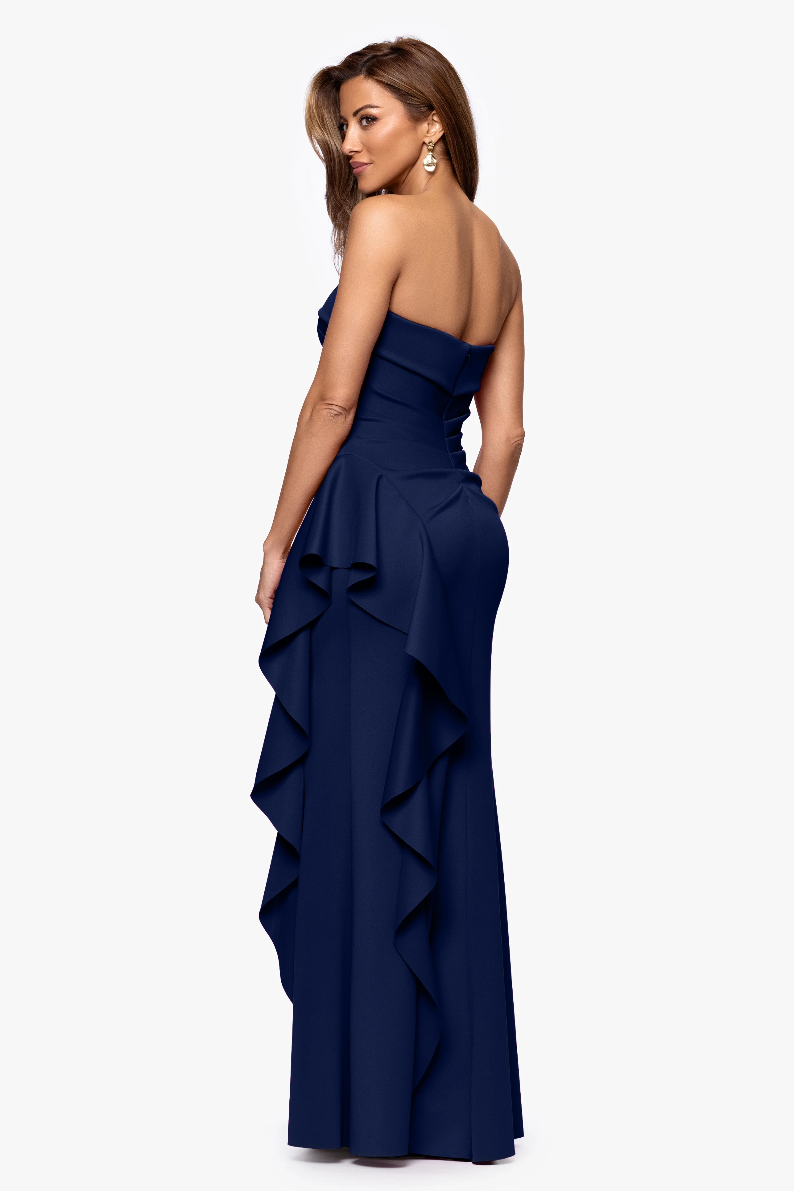 "Jacqueline" Techno Scuba Strapless Ruffle Floor Length Dress - Image 13
