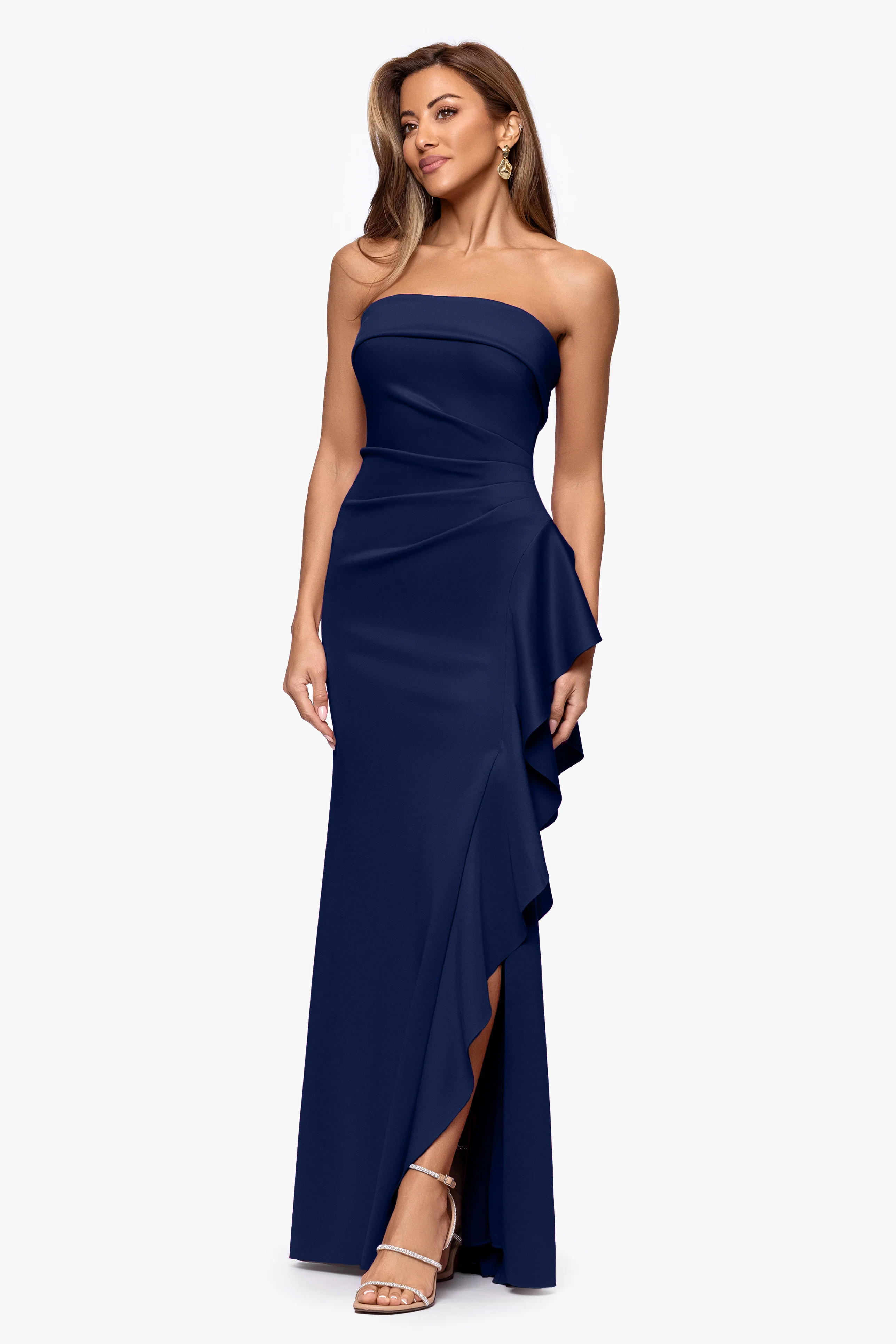 "Jacqueline" Techno Scuba Strapless Ruffle Floor Length Dress - Image 14