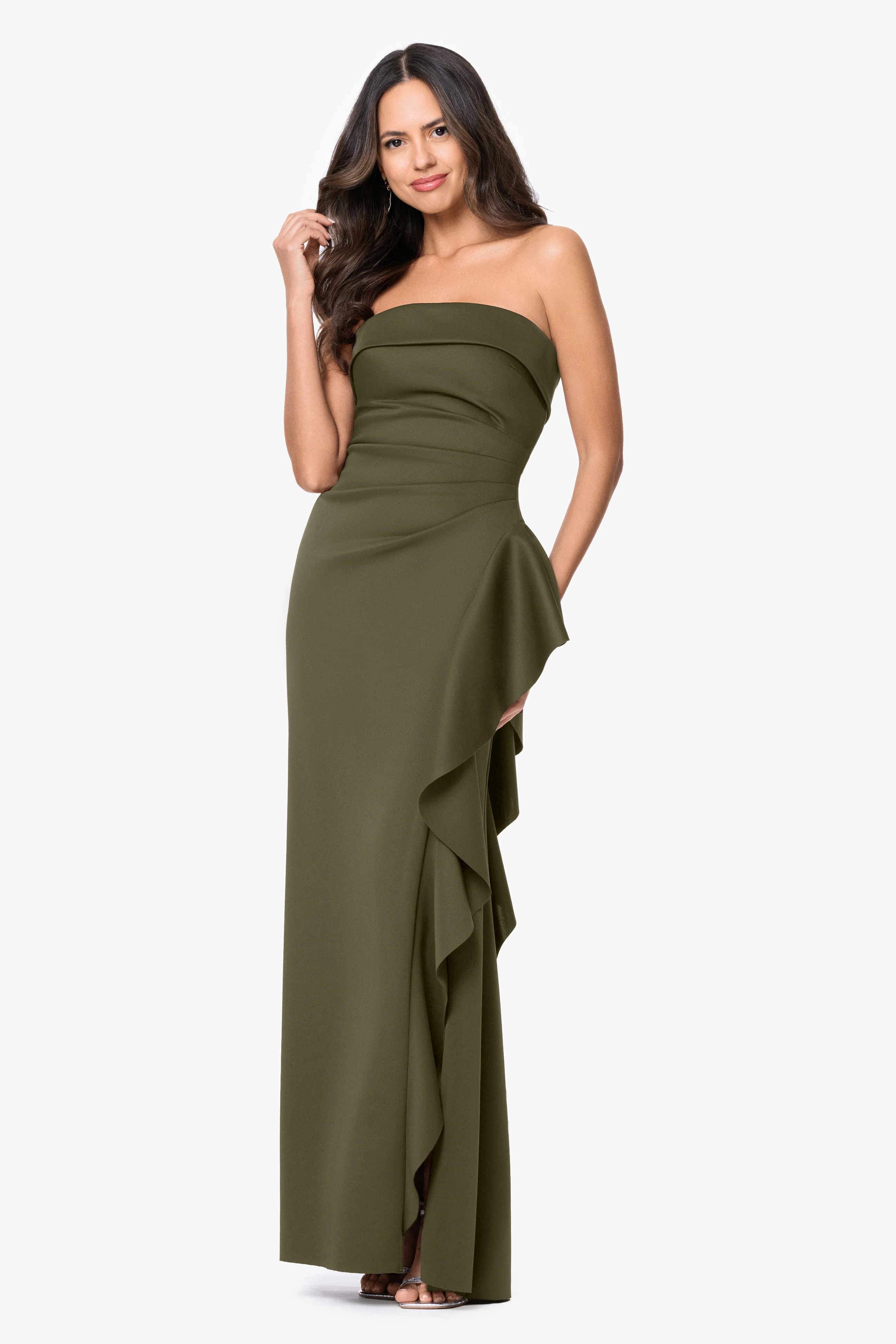 "Jacqueline" Techno Scuba Strapless Ruffle Floor Length Dress - Image 29
