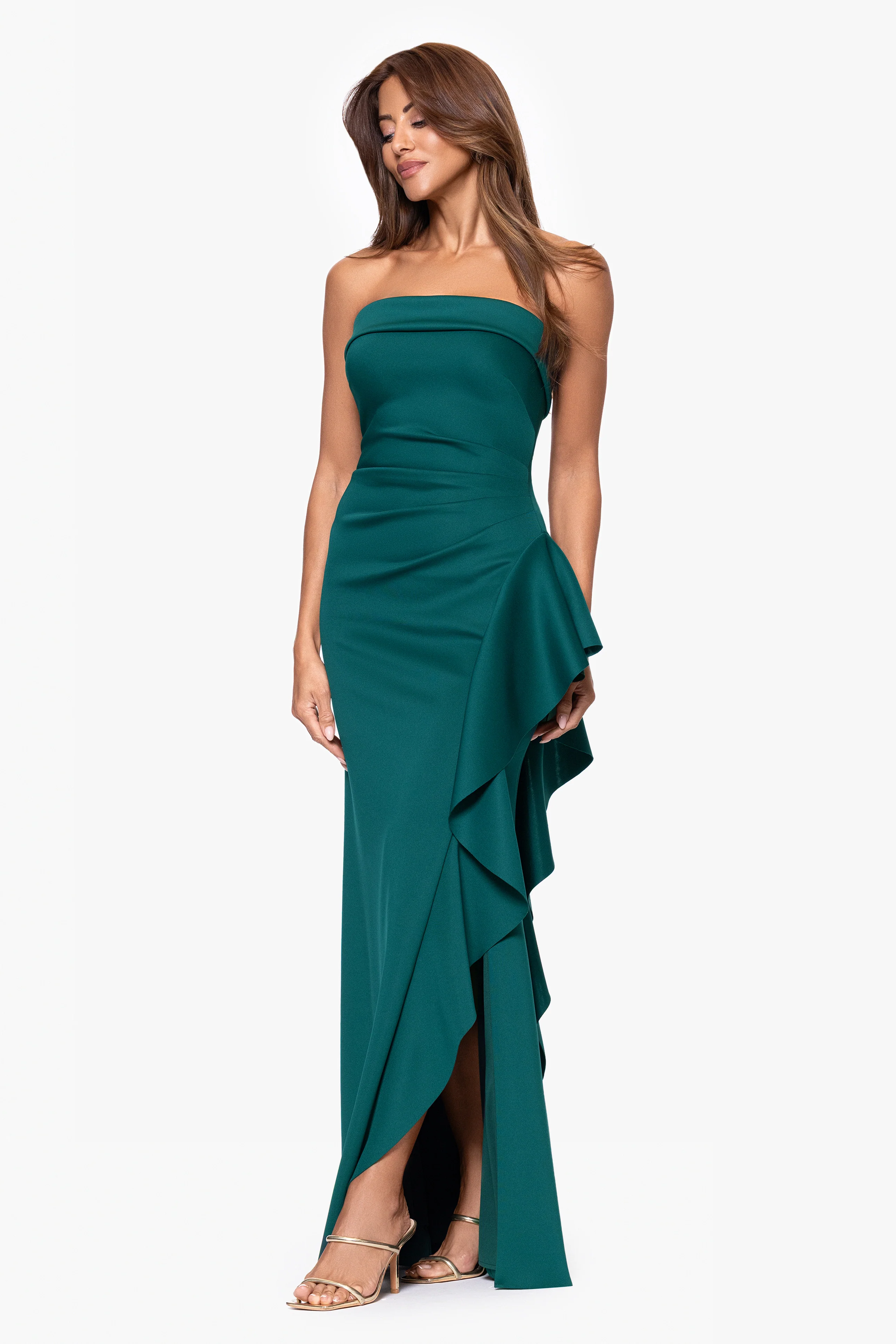 "Jacqueline" Techno Scuba Strapless Ruffle Floor Length Dress - Image 4