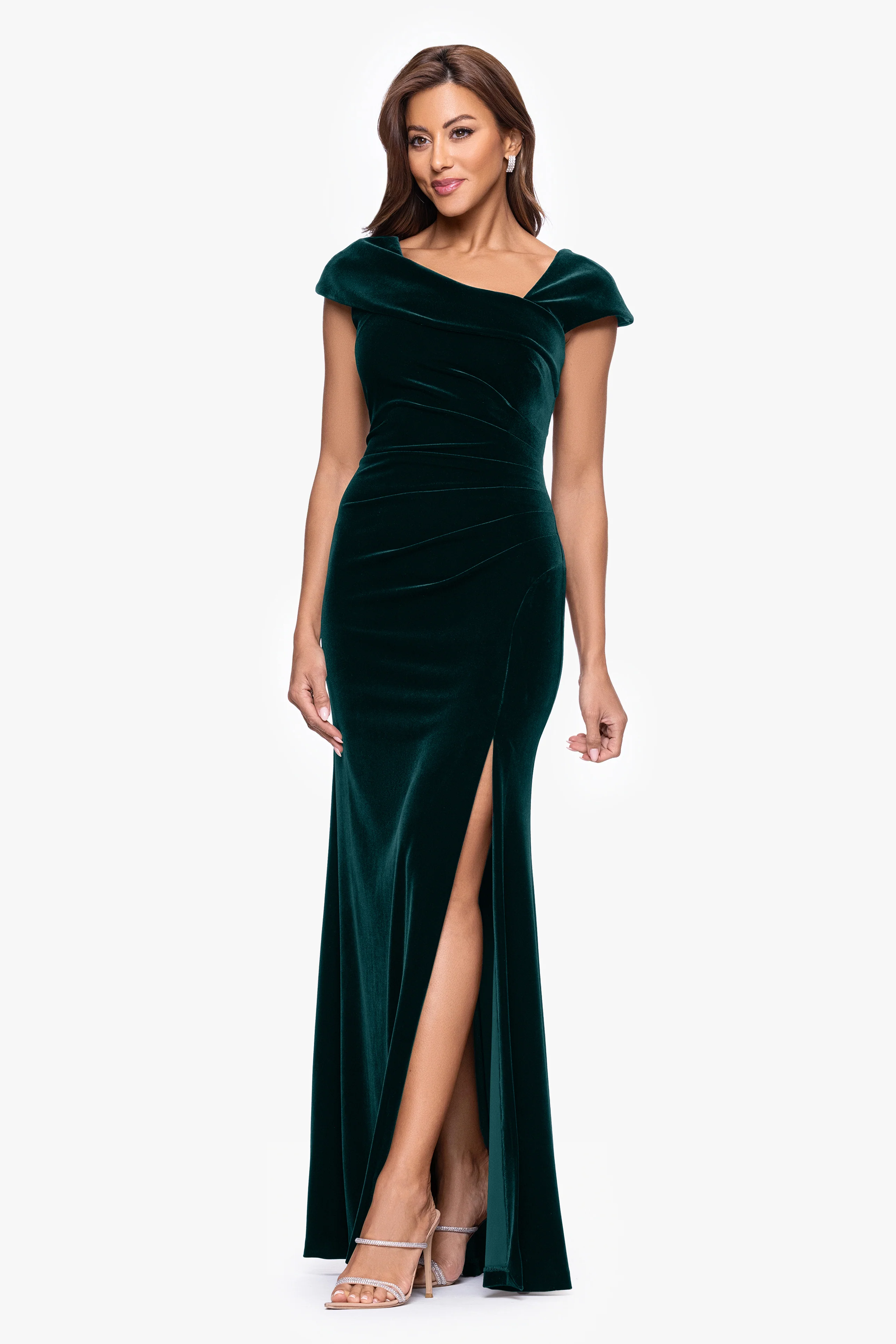"Katrina" Velvet Asymmetrical Neckline Cap Sleeve Floor Length Dress - Image 6