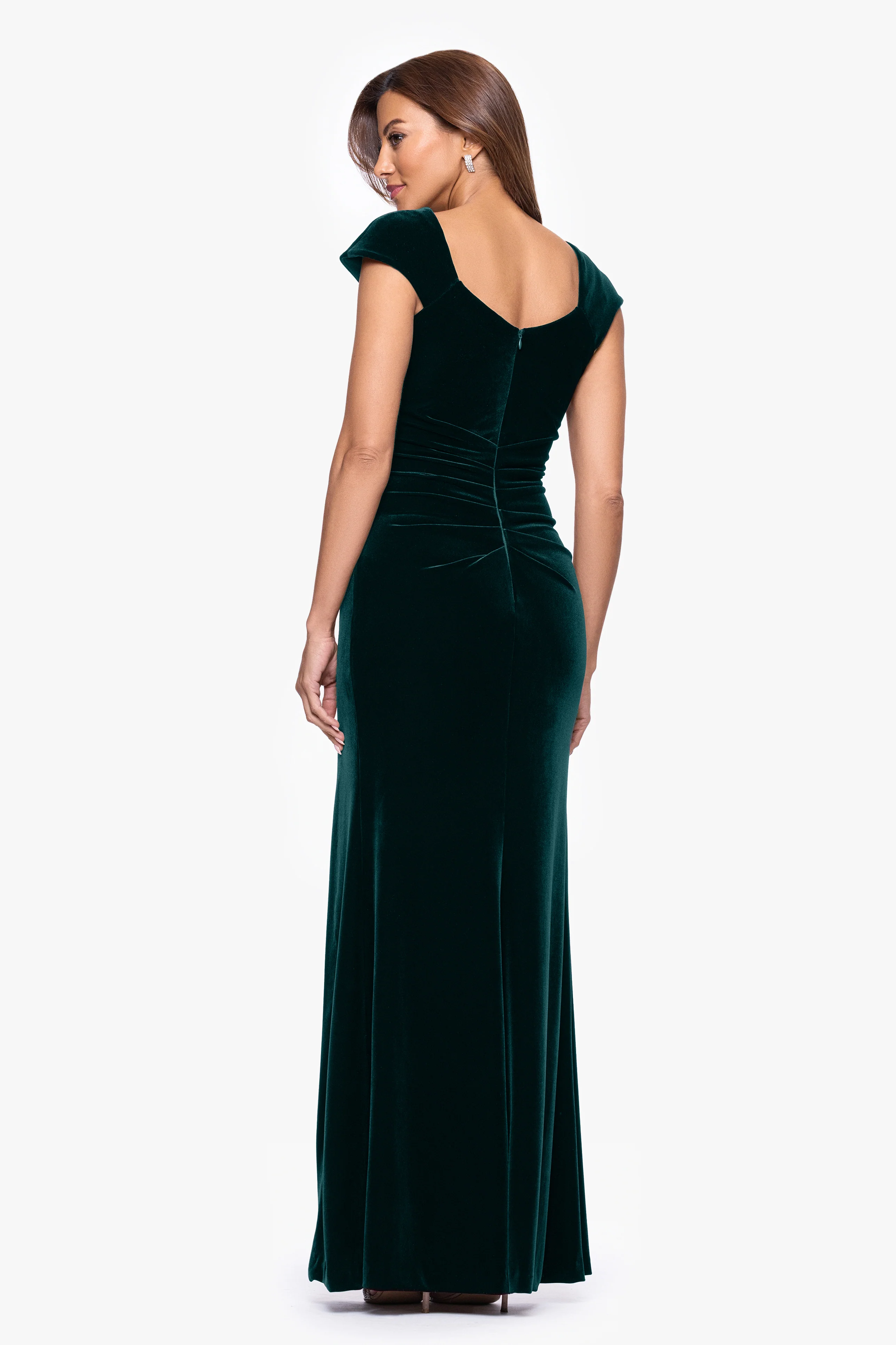 "Katrina" Velvet Asymmetrical Neckline Cap Sleeve Floor Length Dress - Image 8