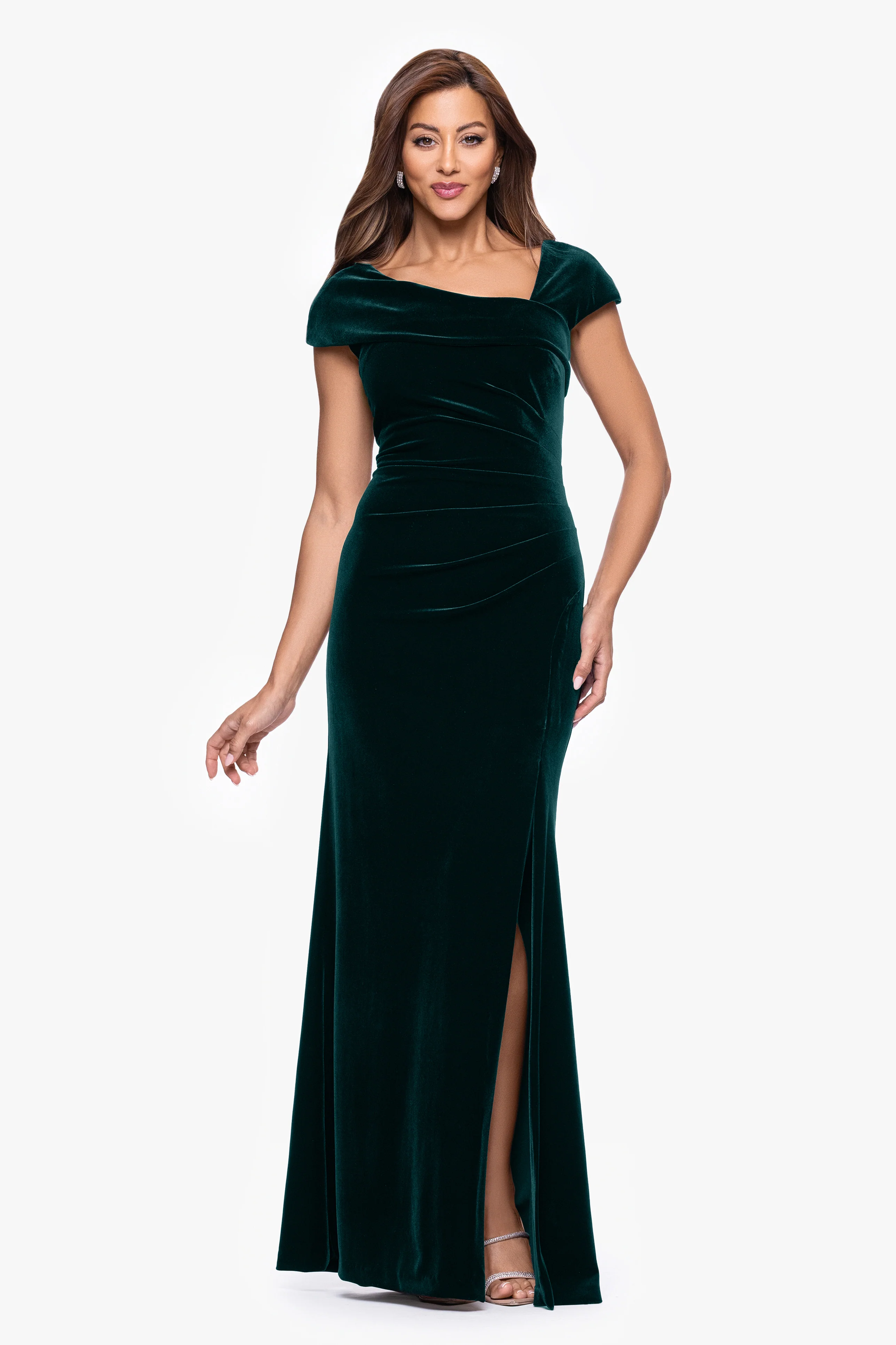 "Katrina" Velvet Asymmetrical Neckline Cap Sleeve Floor Length Dress - Image 9