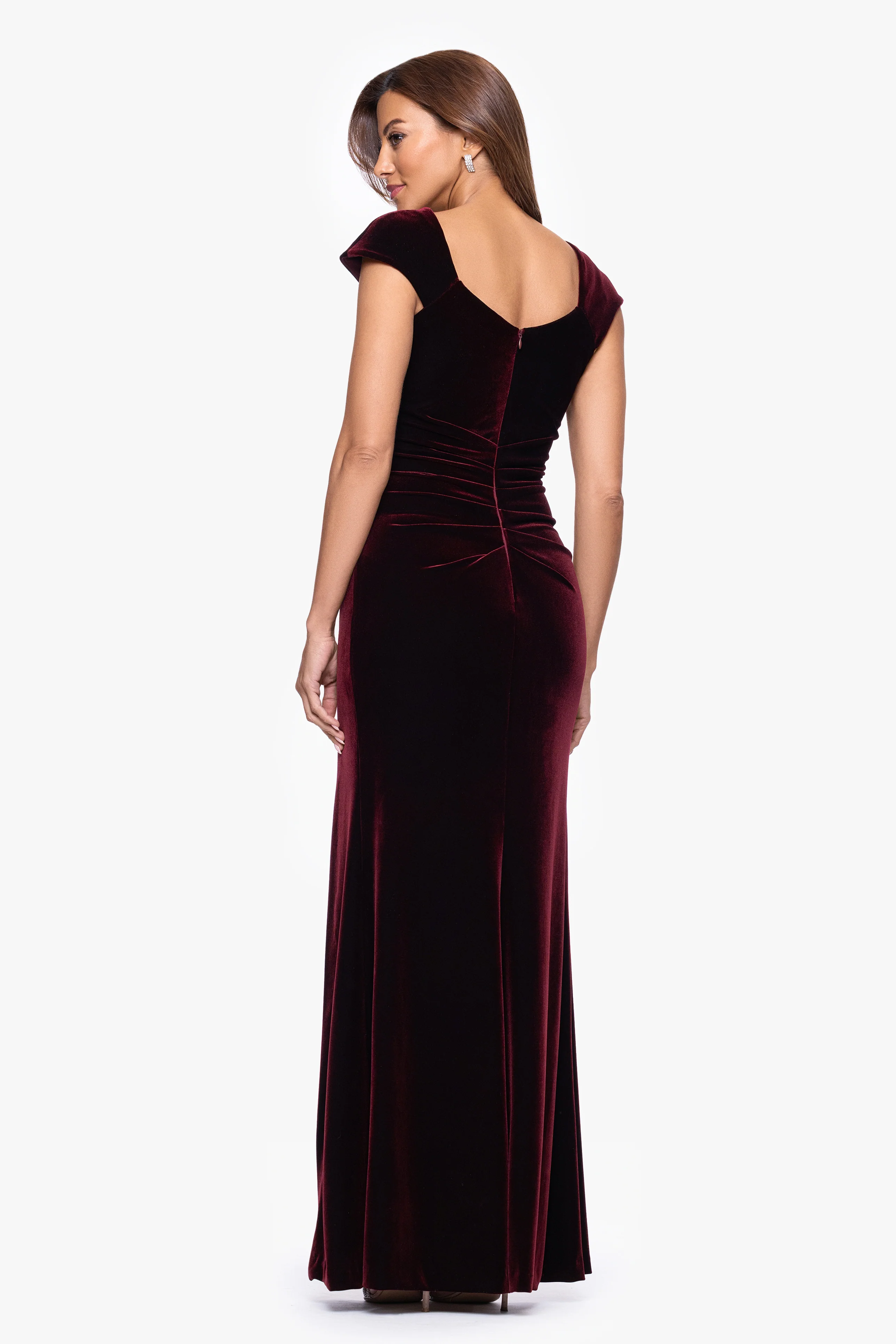 "Katrina" Velvet Asymmetrical Neckline Cap Sleeve Floor Length Dress - Image 3