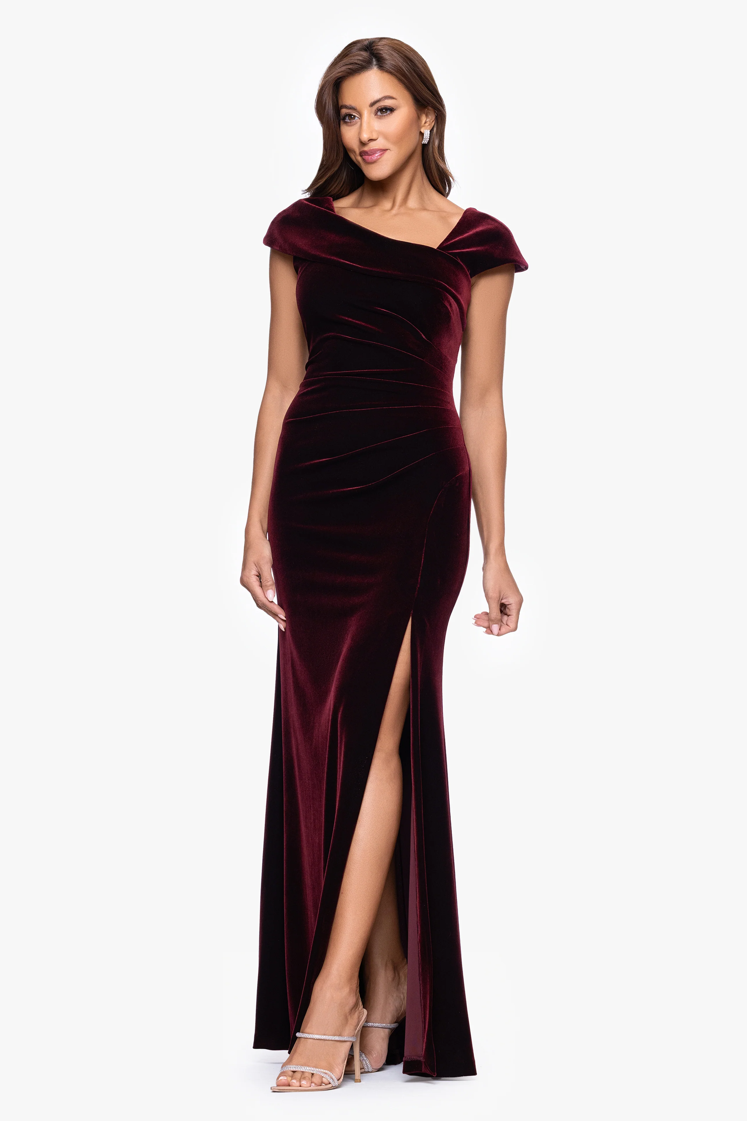 "Katrina" Velvet Asymmetrical Neckline Cap Sleeve Floor Length Dress - Image 4