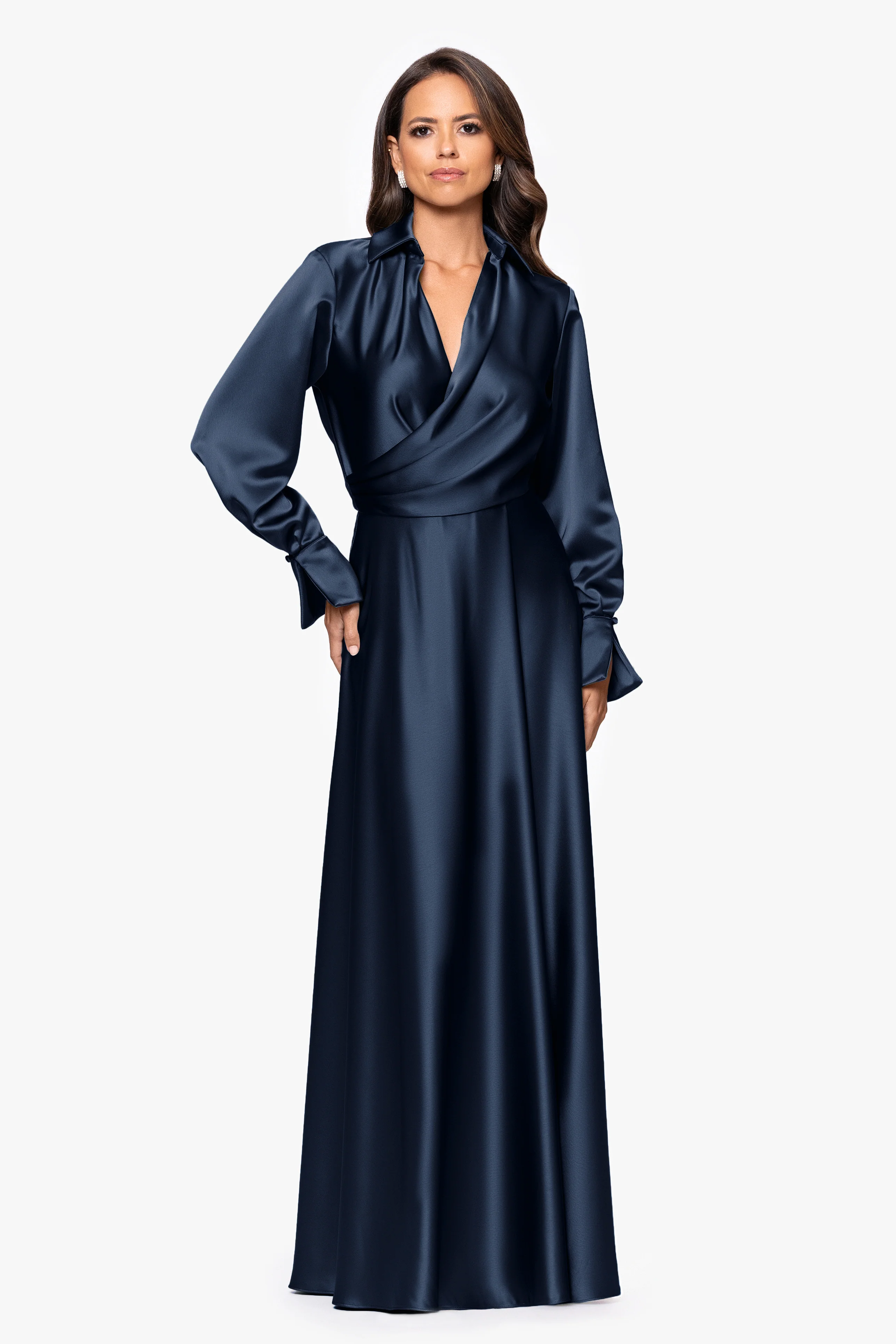 "Kelandra" Satin Collared V-Neck Long Sleeve Floor Length Dress - Image 10