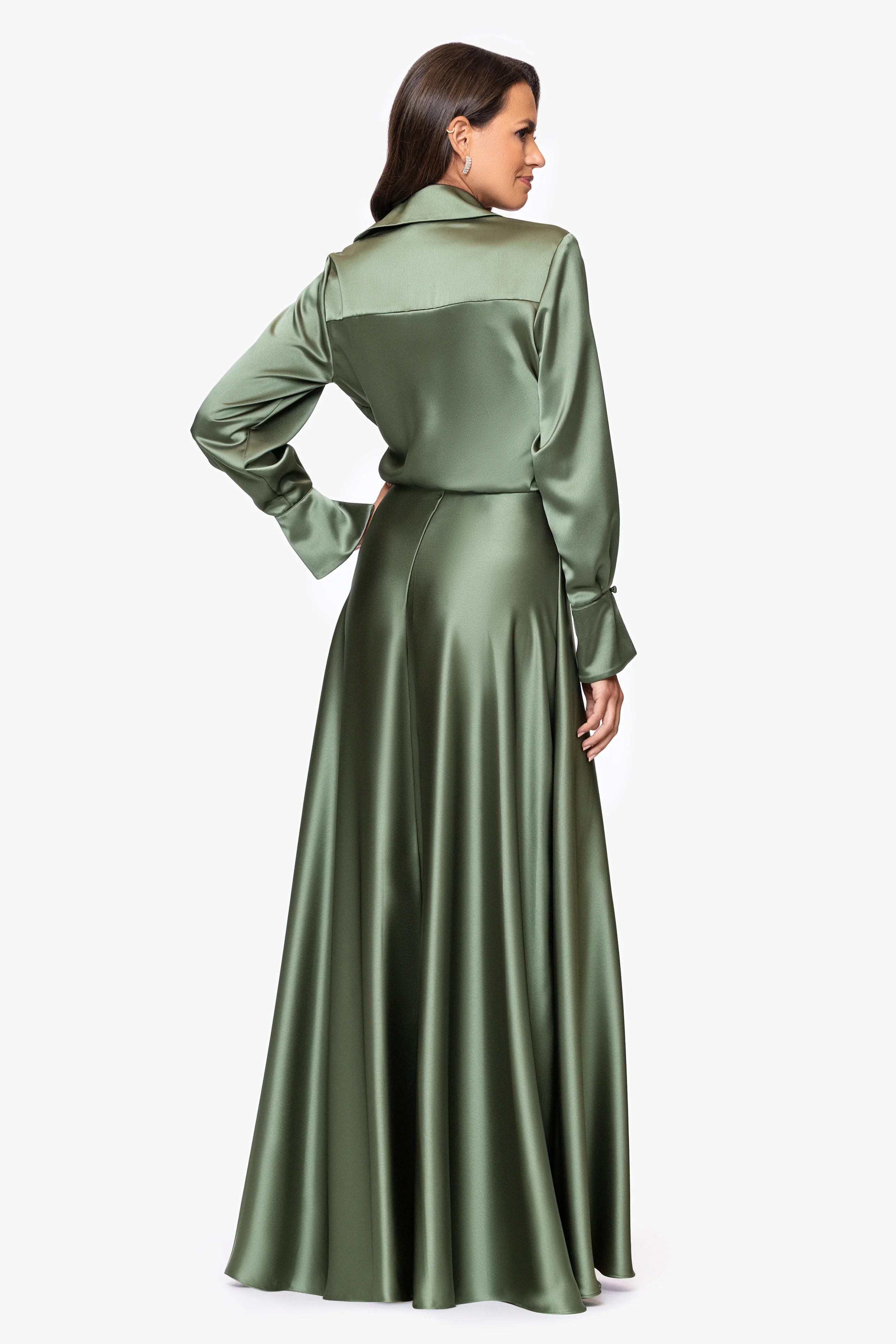 "Kelandra" Satin Collared V-Neck Long Sleeve Floor Length Dress - Image 3