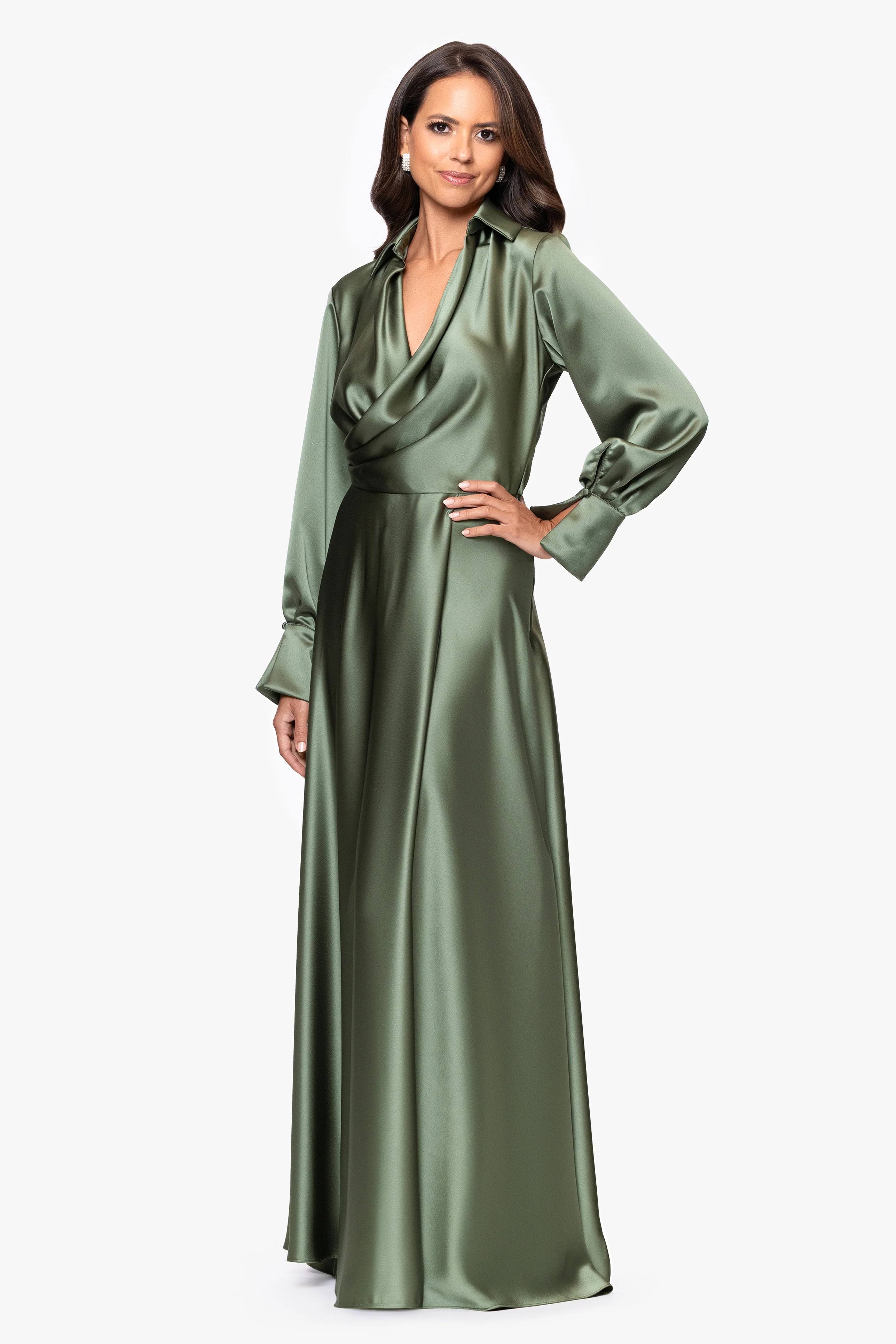 "Kelandra" Satin Collared V-Neck Long Sleeve Floor Length Dress - Image 4