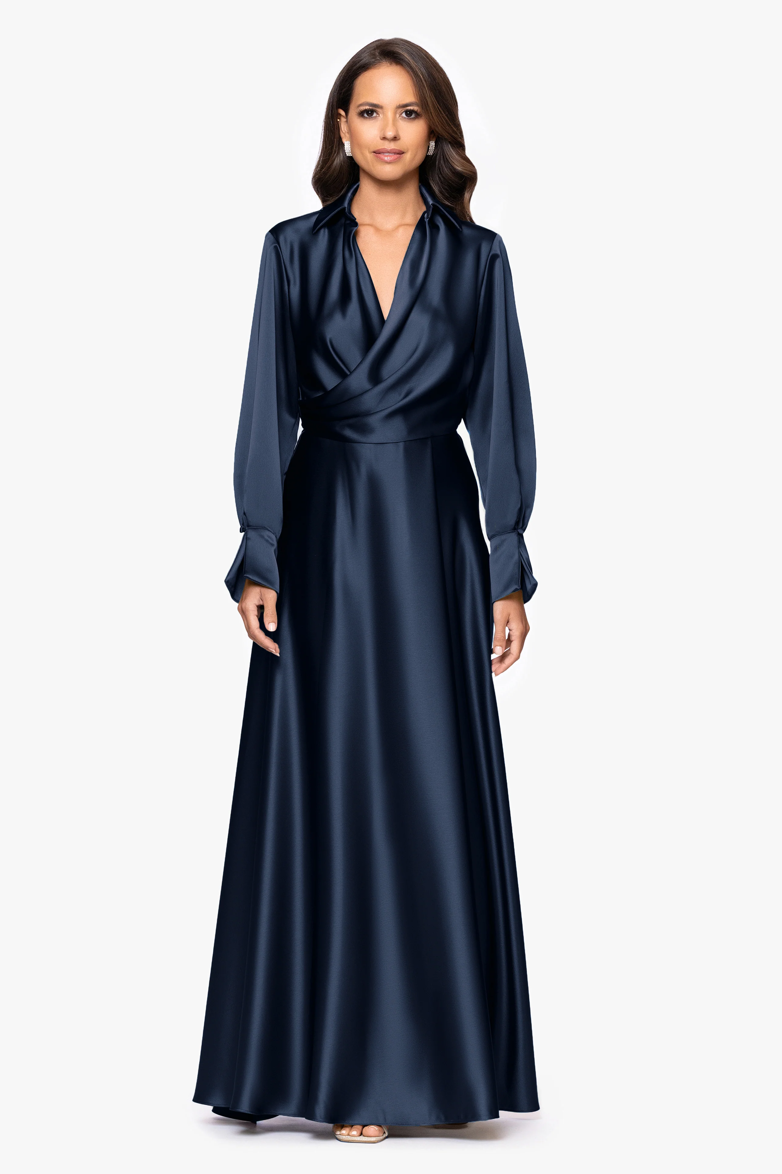 "Kelandra" Satin Collared V-Neck Long Sleeve Floor Length Dress - Image 6