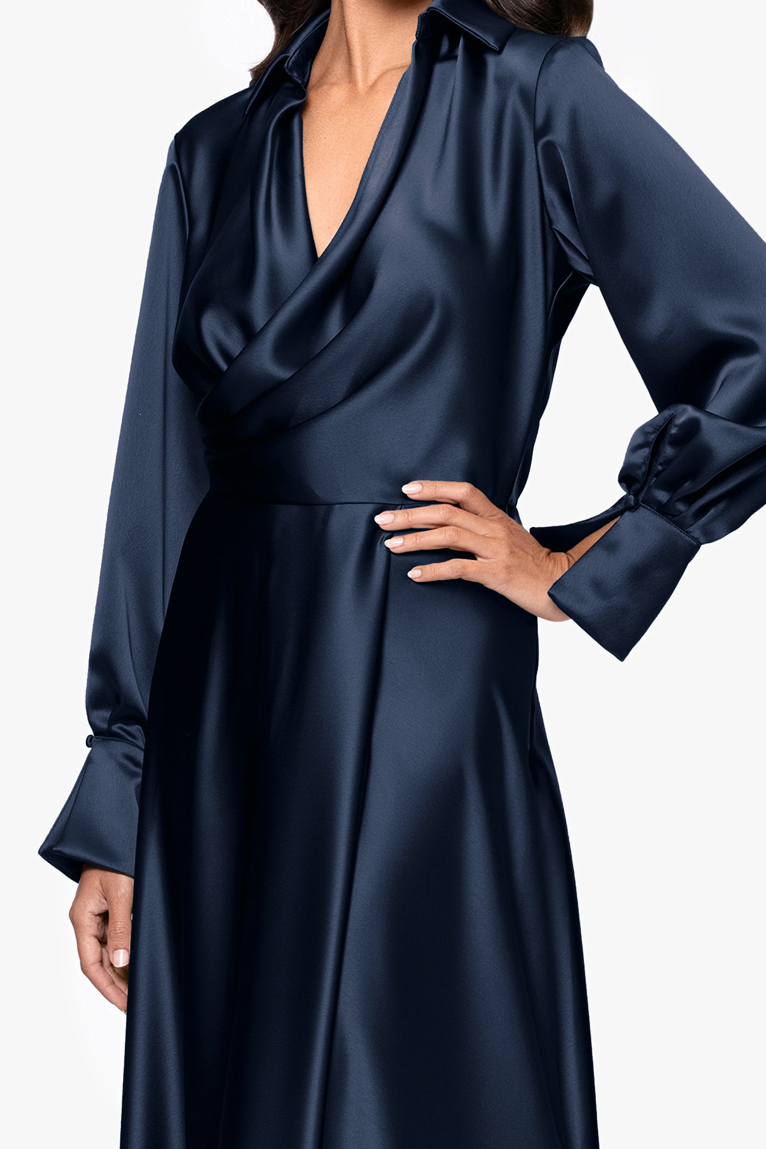 "Kelandra" Satin Collared V-Neck Long Sleeve Floor Length Dress - Image 7