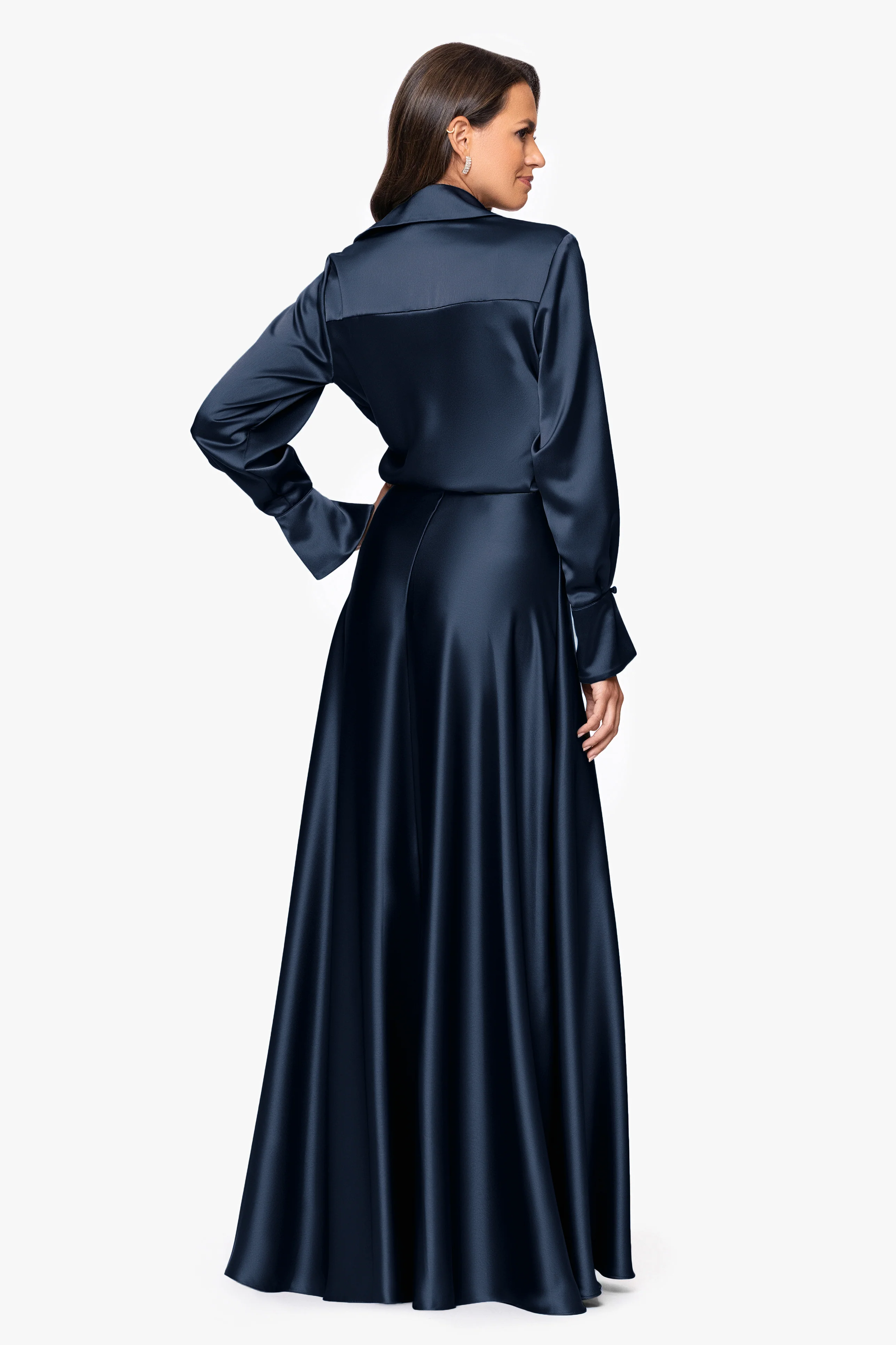 "Kelandra" Satin Collared V-Neck Long Sleeve Floor Length Dress - Image 8