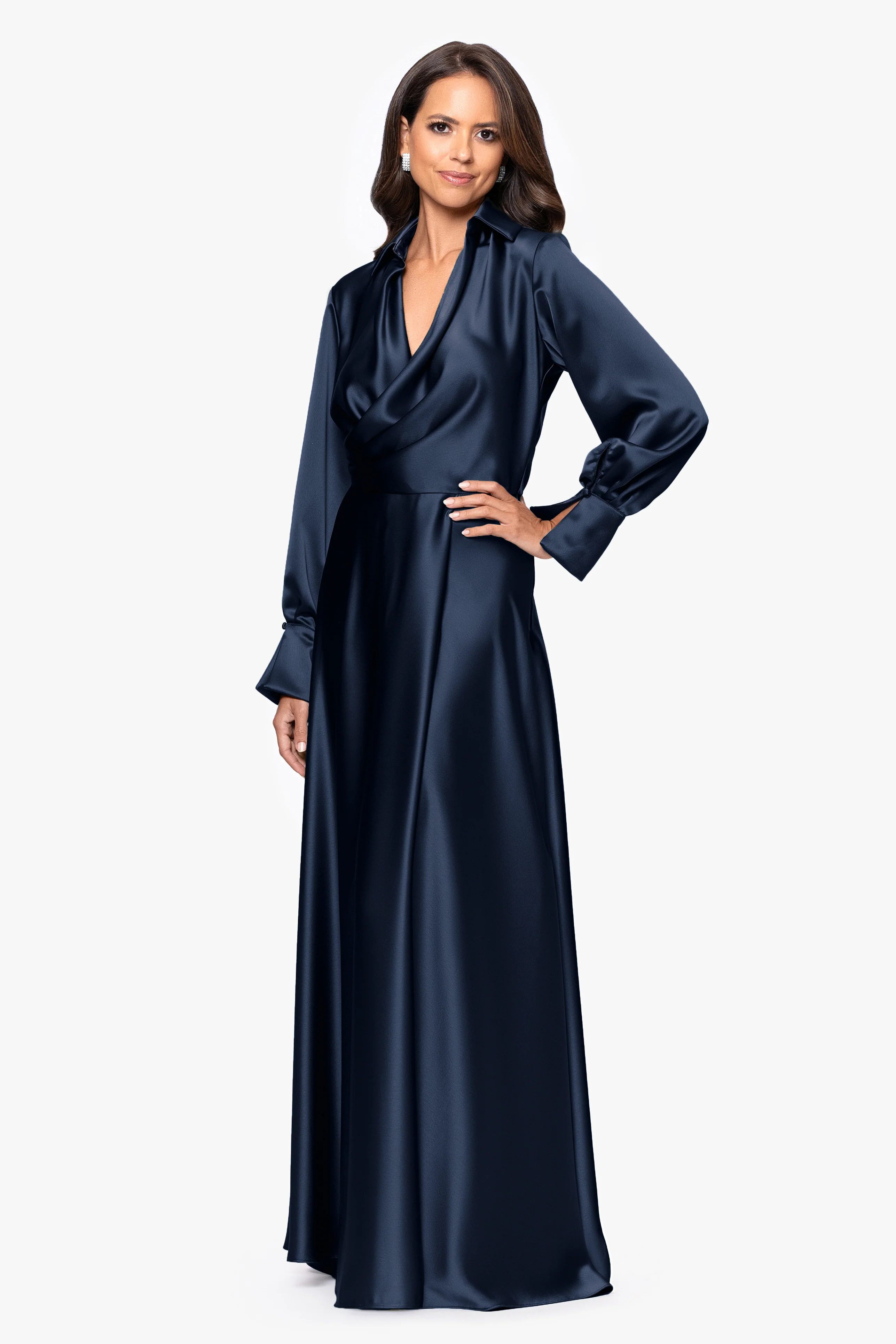 "Kelandra" Satin Collared V-Neck Long Sleeve Floor Length Dress - Image 9
