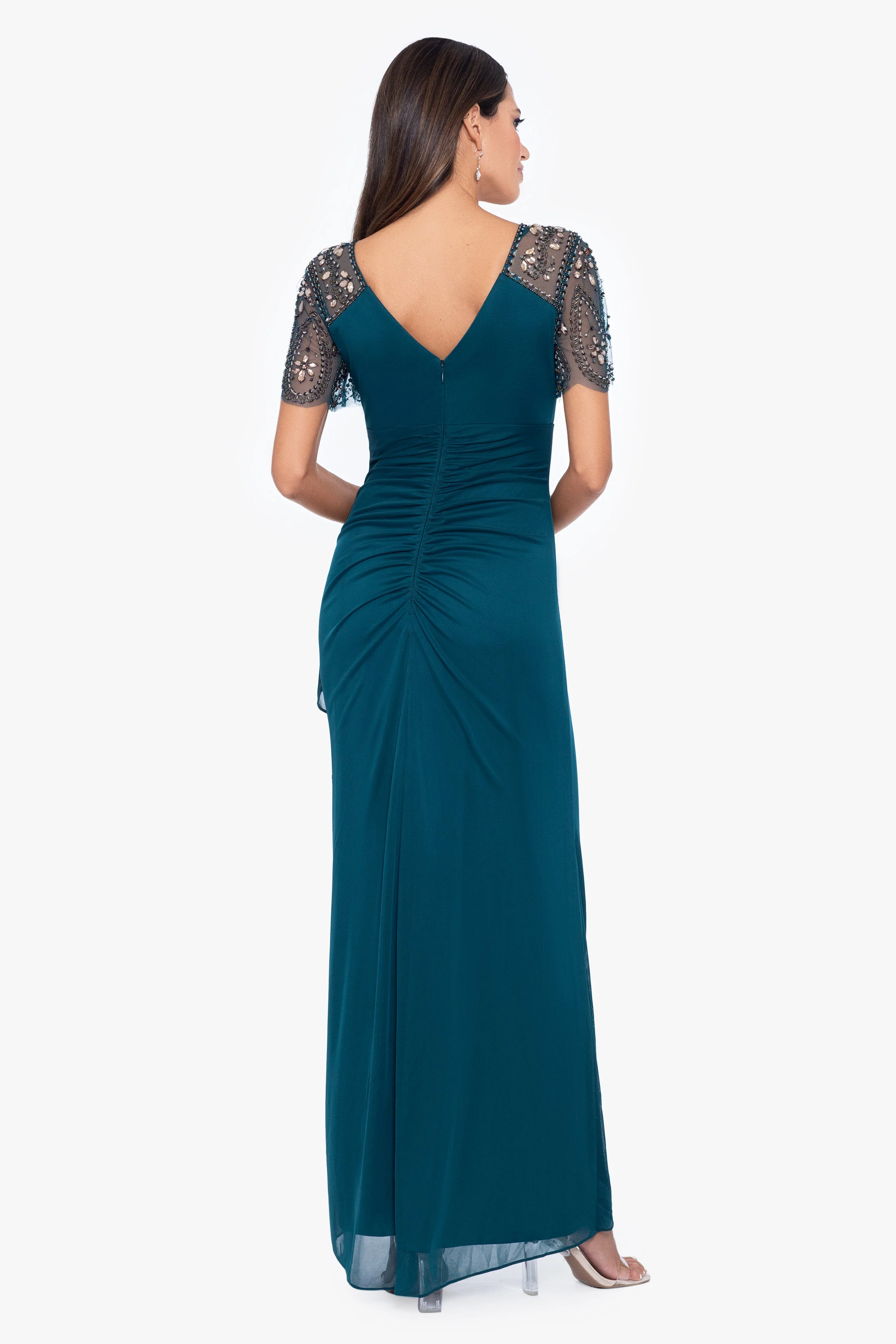 "Lana" Long V-Neck Beaded Flutter Sleeve Dress - Image 3