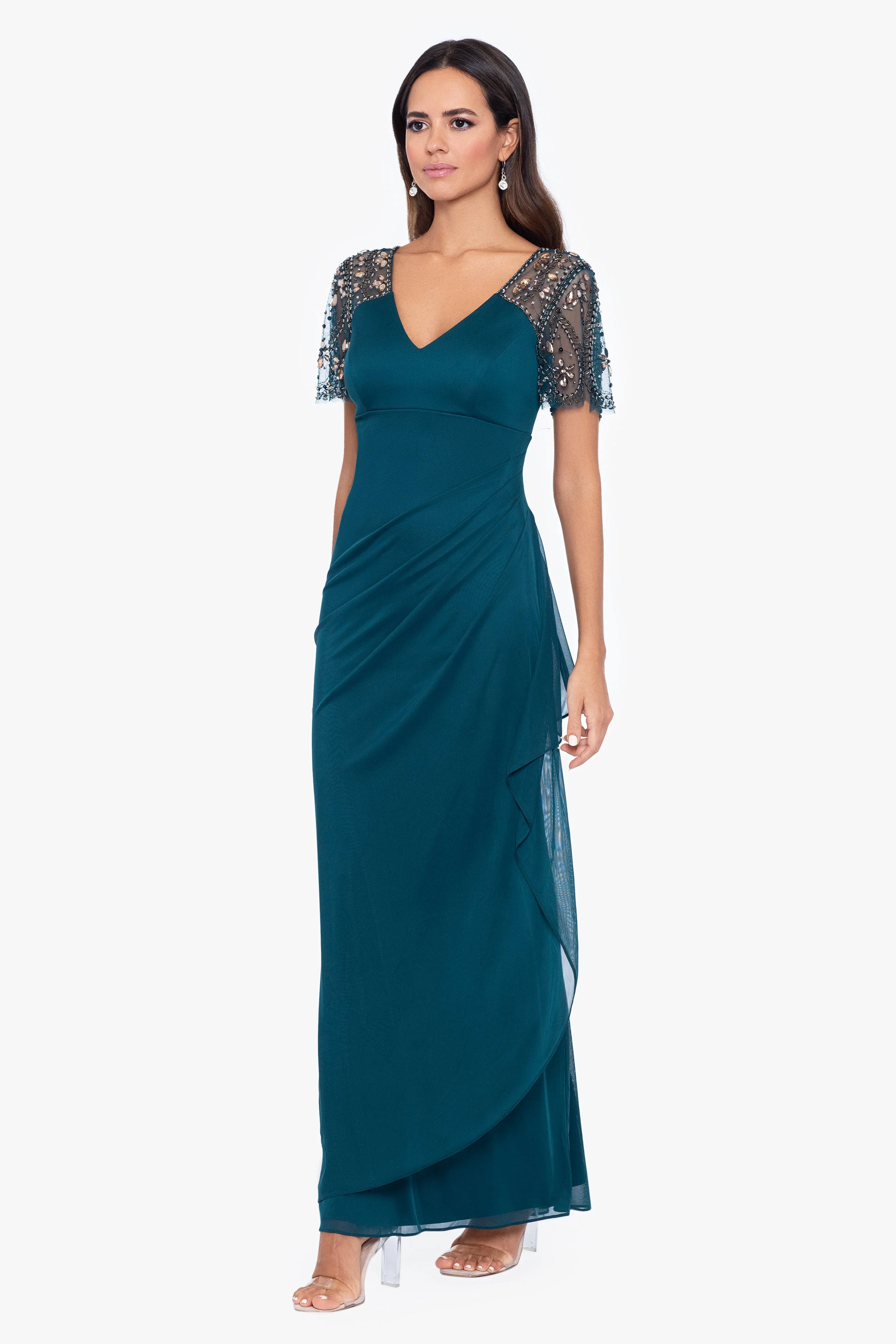 "Lana" Long V-Neck Beaded Flutter Sleeve Dress - Image 4