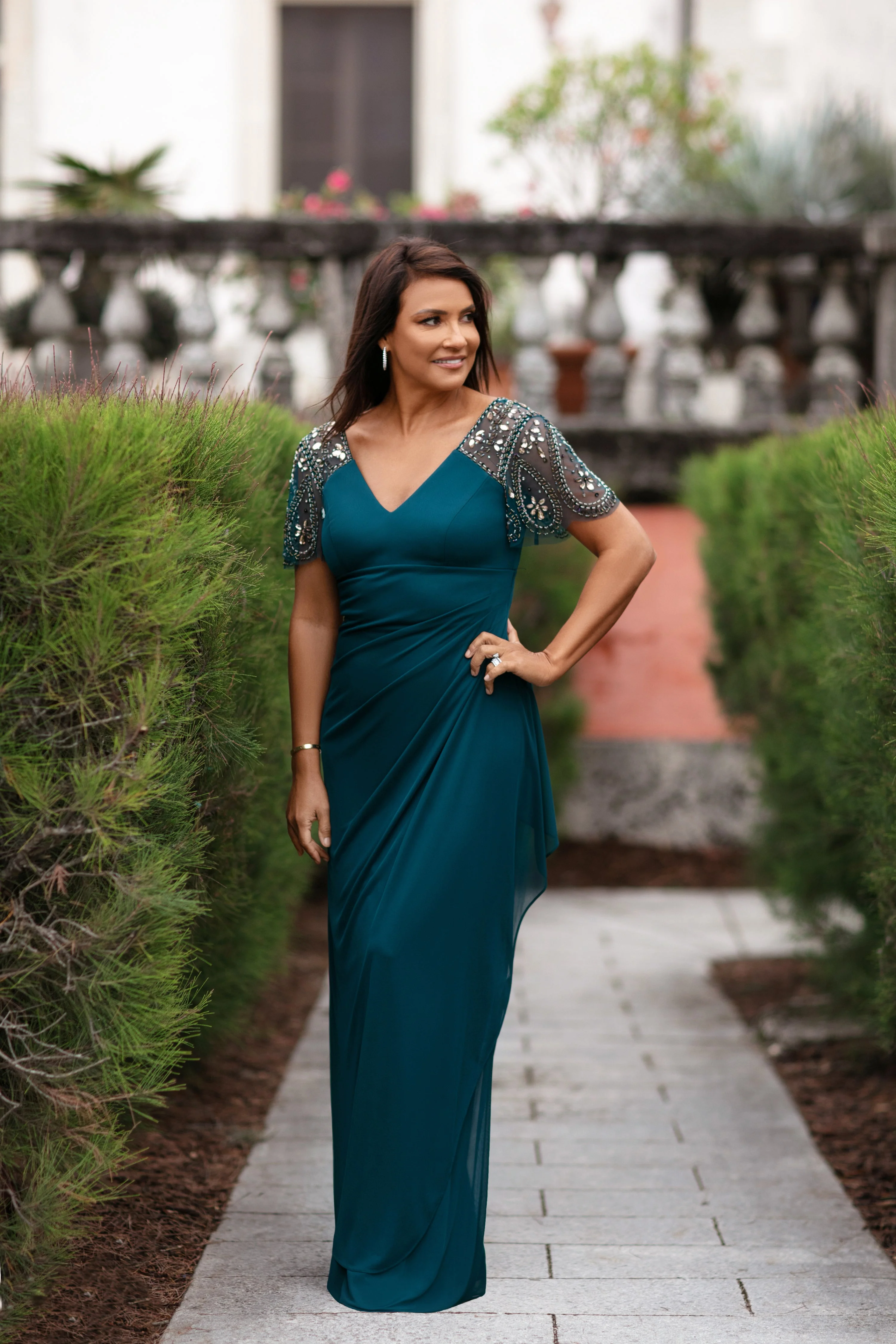 "Lana" Long V-Neck Beaded Flutter Sleeve Dress - Image 5