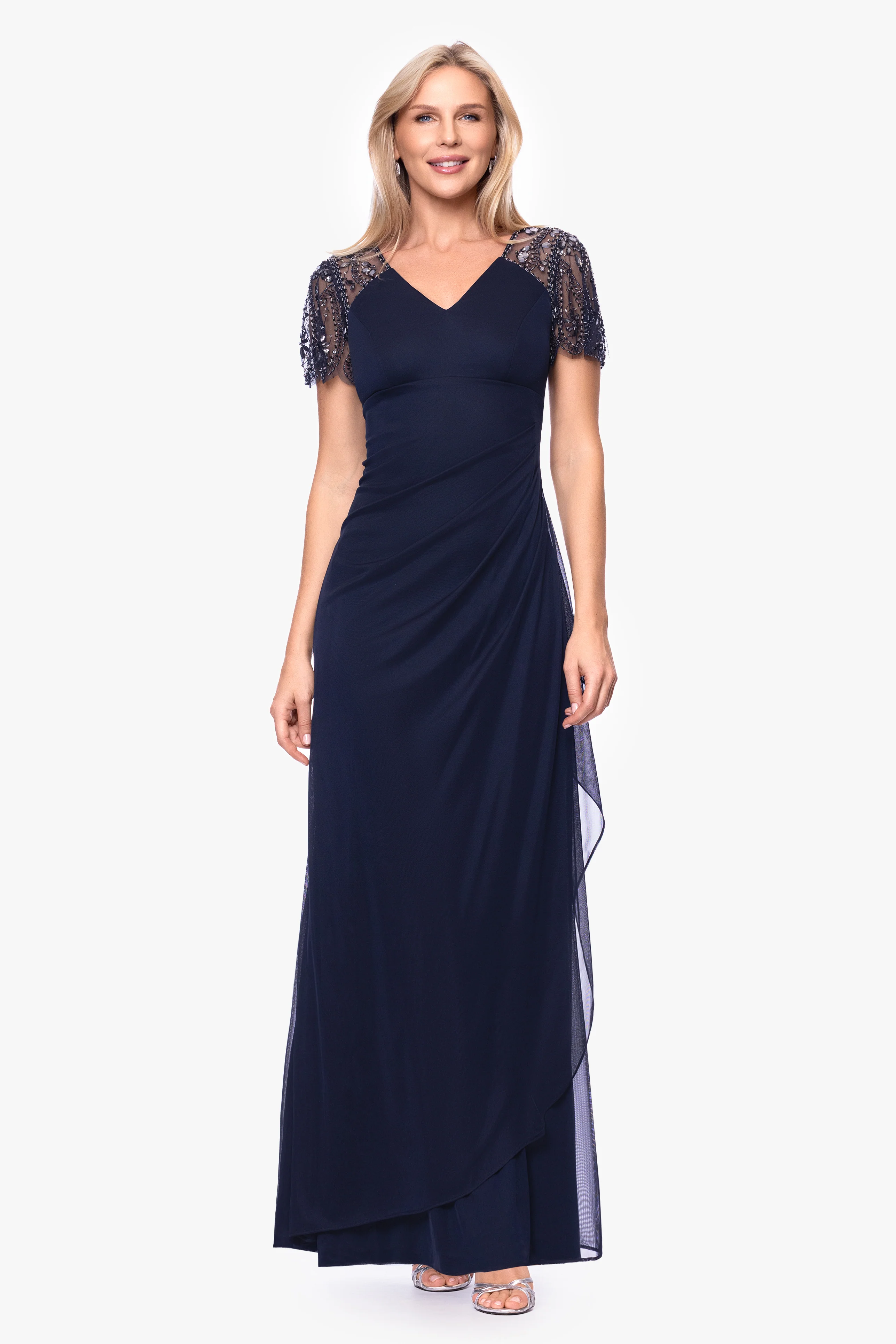 "Lana" Long V-Neck Beaded Flutter Sleeve Dress - Image 14