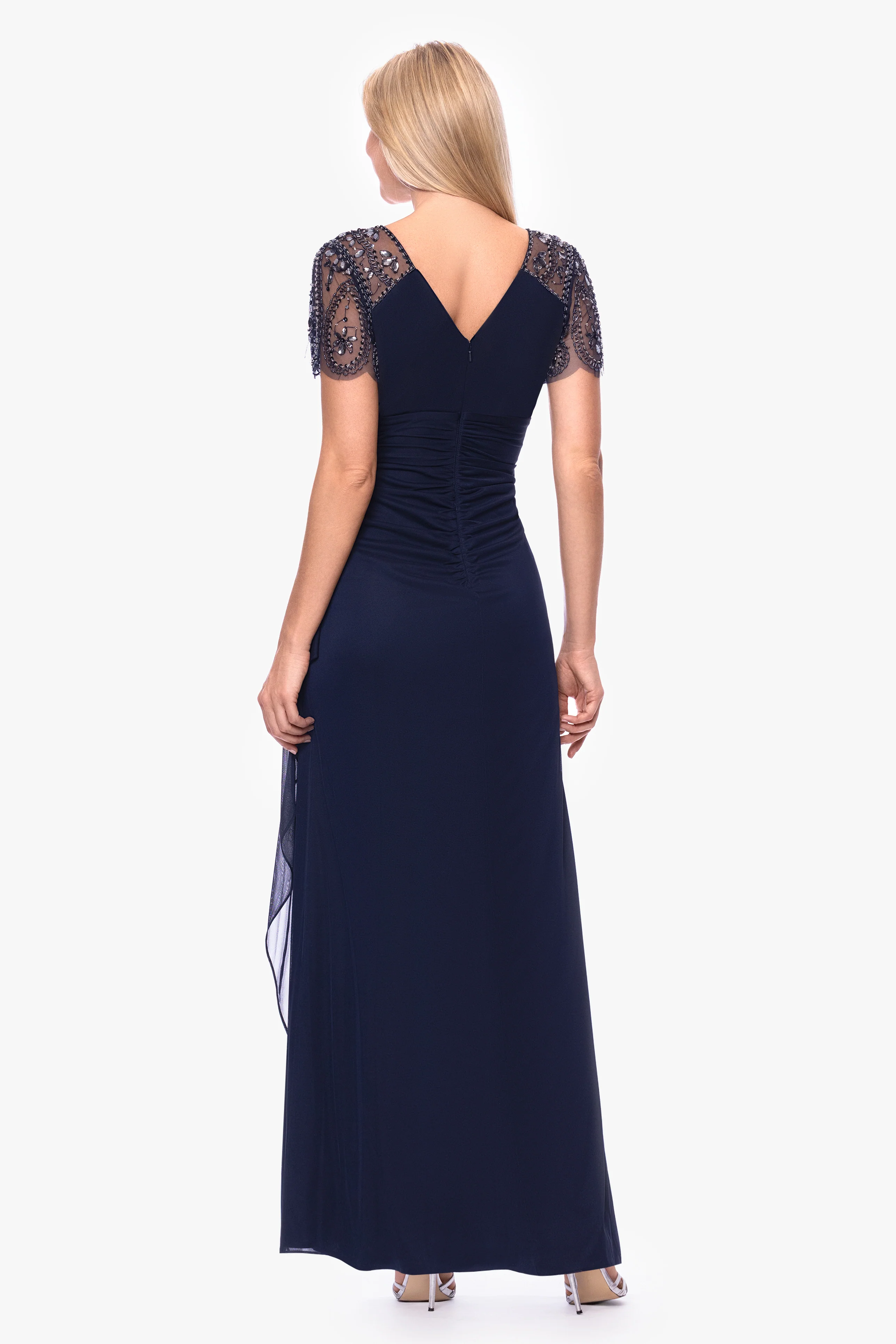 "Lana" Long V-Neck Beaded Flutter Sleeve Dress - Image 16