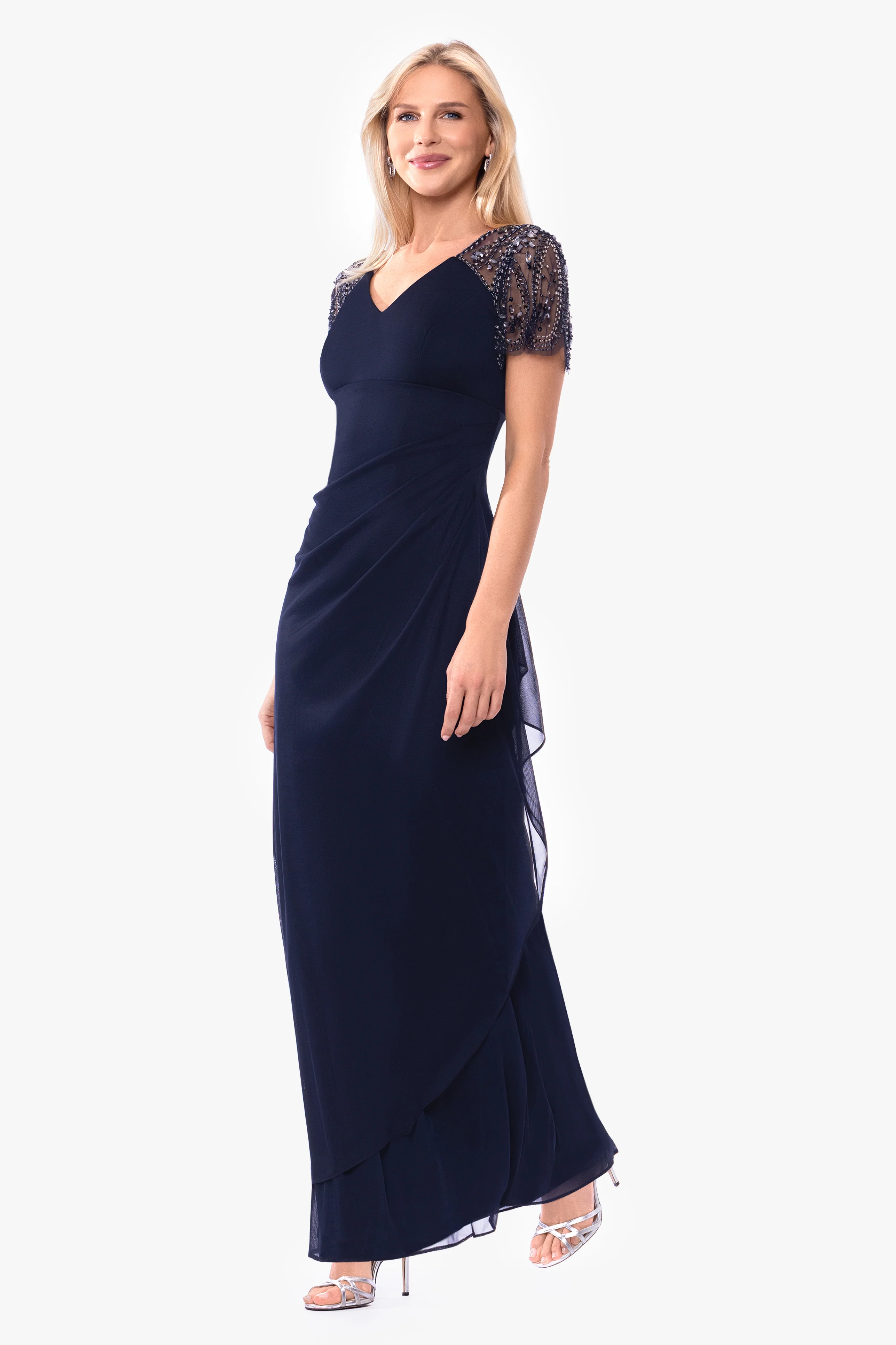 "Lana" Long V-Neck Beaded Flutter Sleeve Dress - Image 17