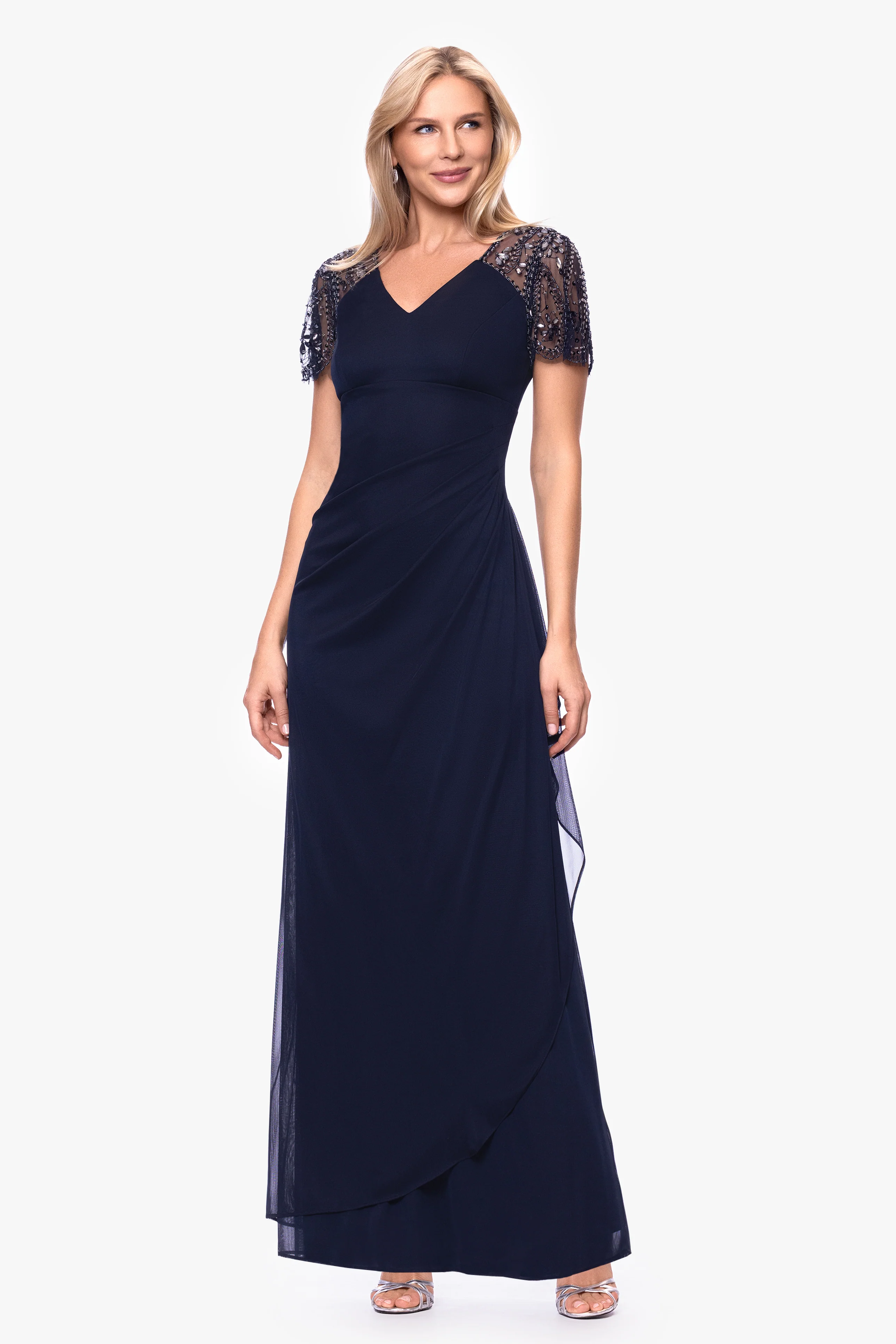 "Lana" Long V-Neck Beaded Flutter Sleeve Dress - Image 18