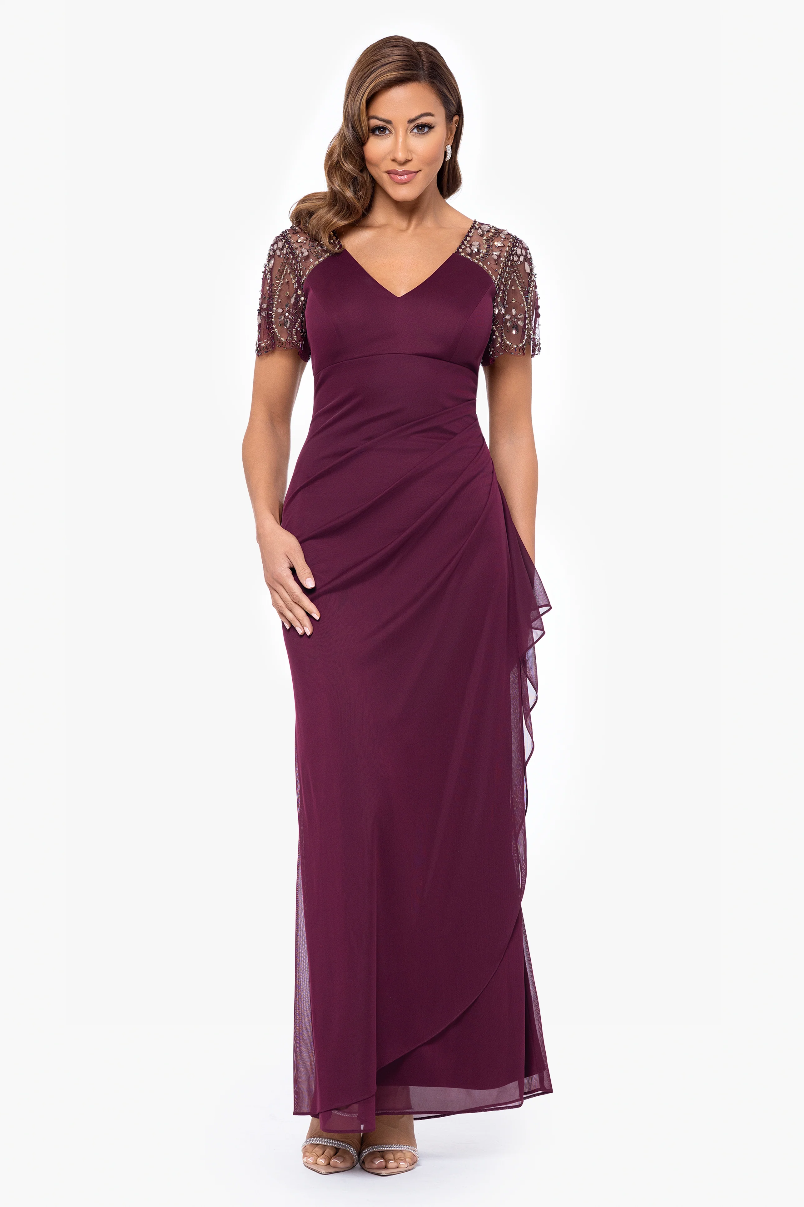 "Lana" Long V-Neck Beaded Flutter Sleeve Dress - Image 20