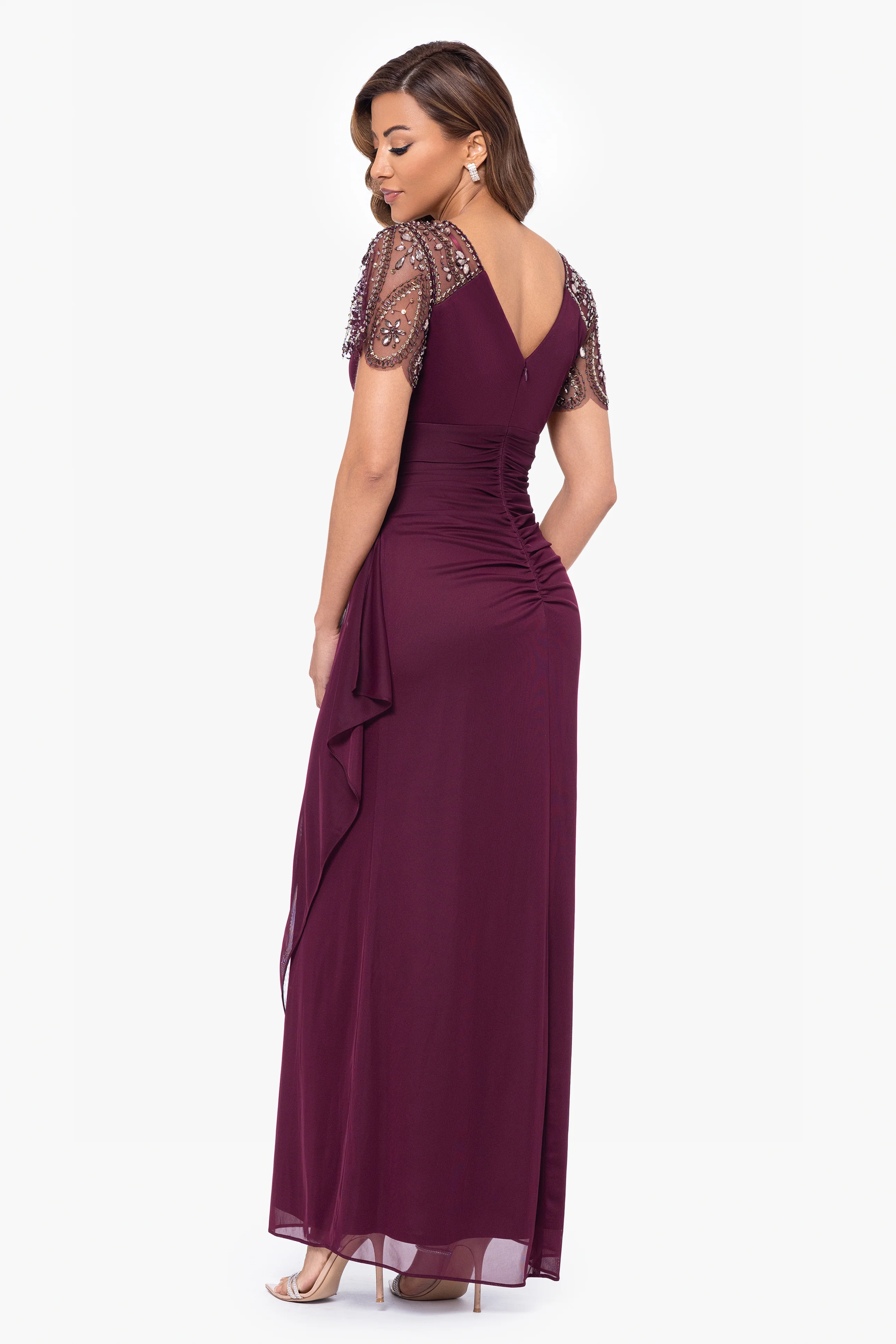 "Lana" Long V-Neck Beaded Flutter Sleeve Dress - Image 22