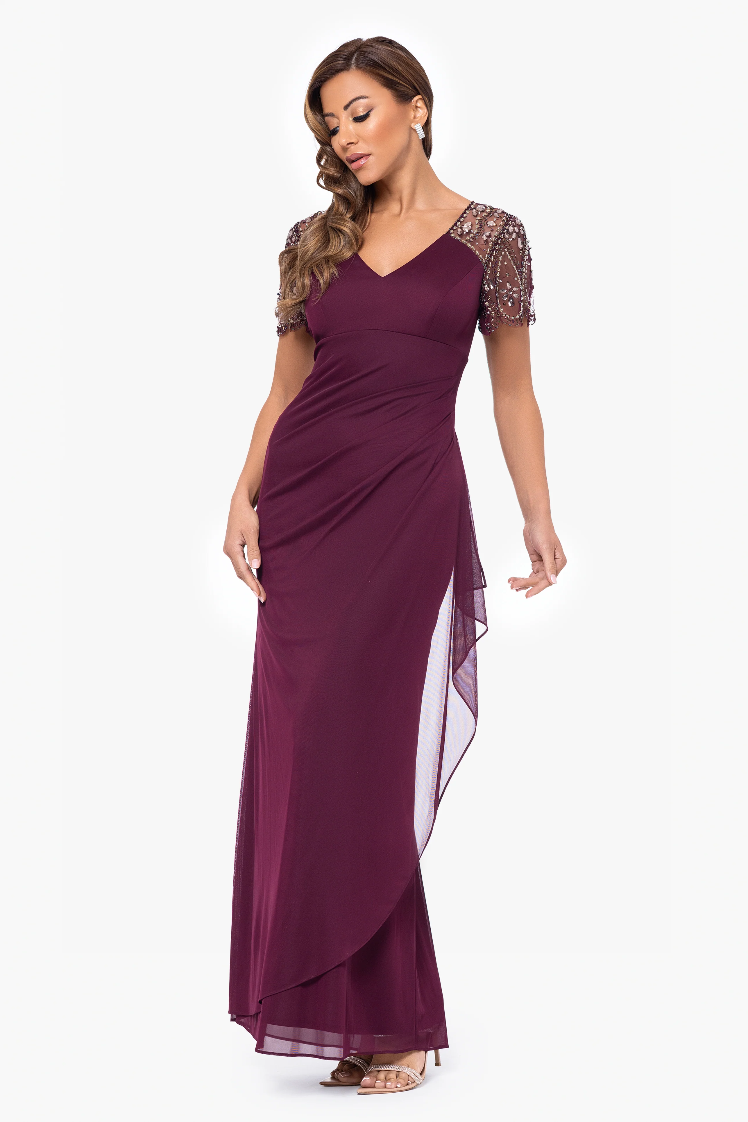 "Lana" Long V-Neck Beaded Flutter Sleeve Dress - Image 23