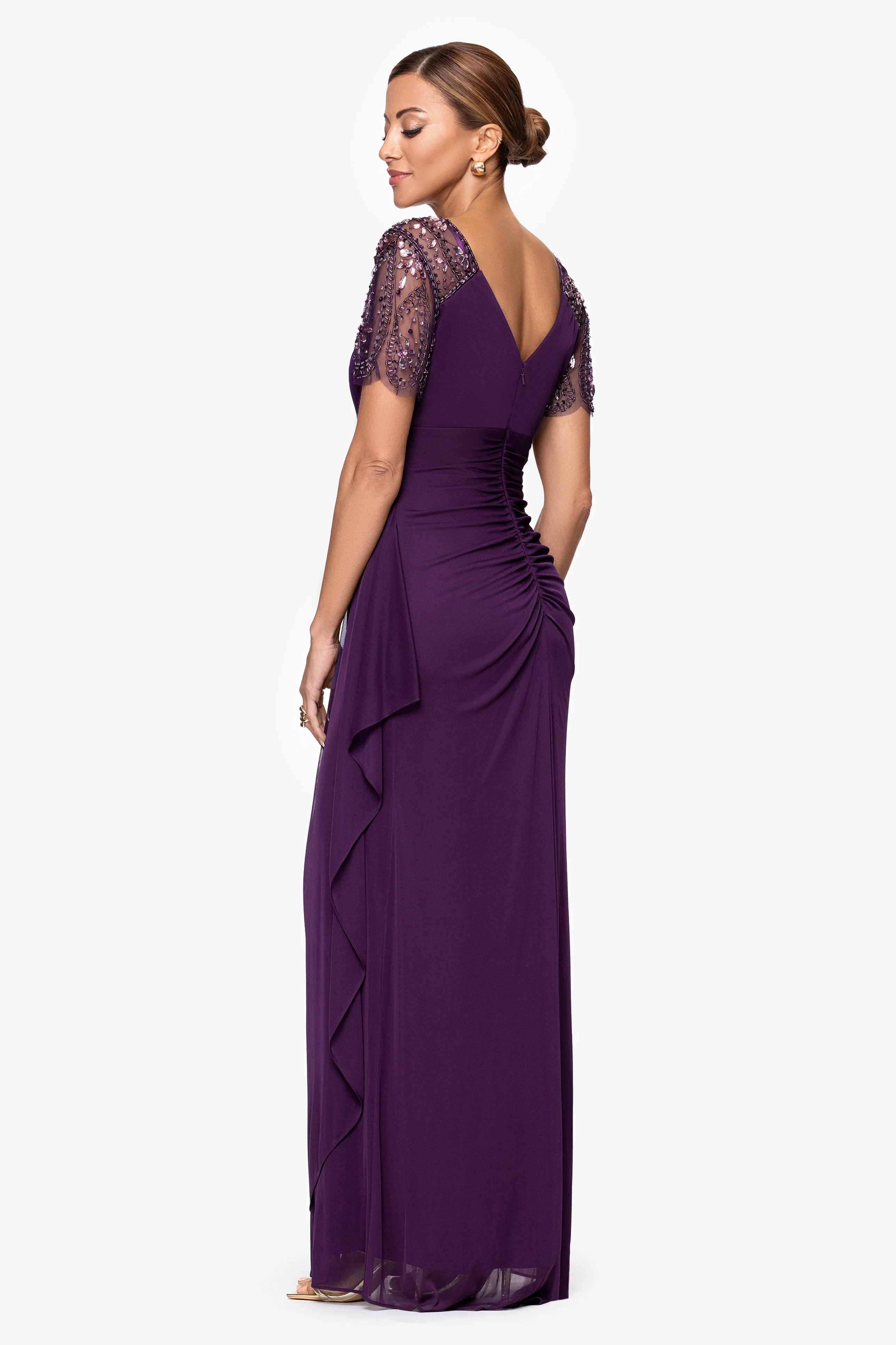"Lana" Long V-Neck Beaded Flutter Sleeve Dress - Image 8
