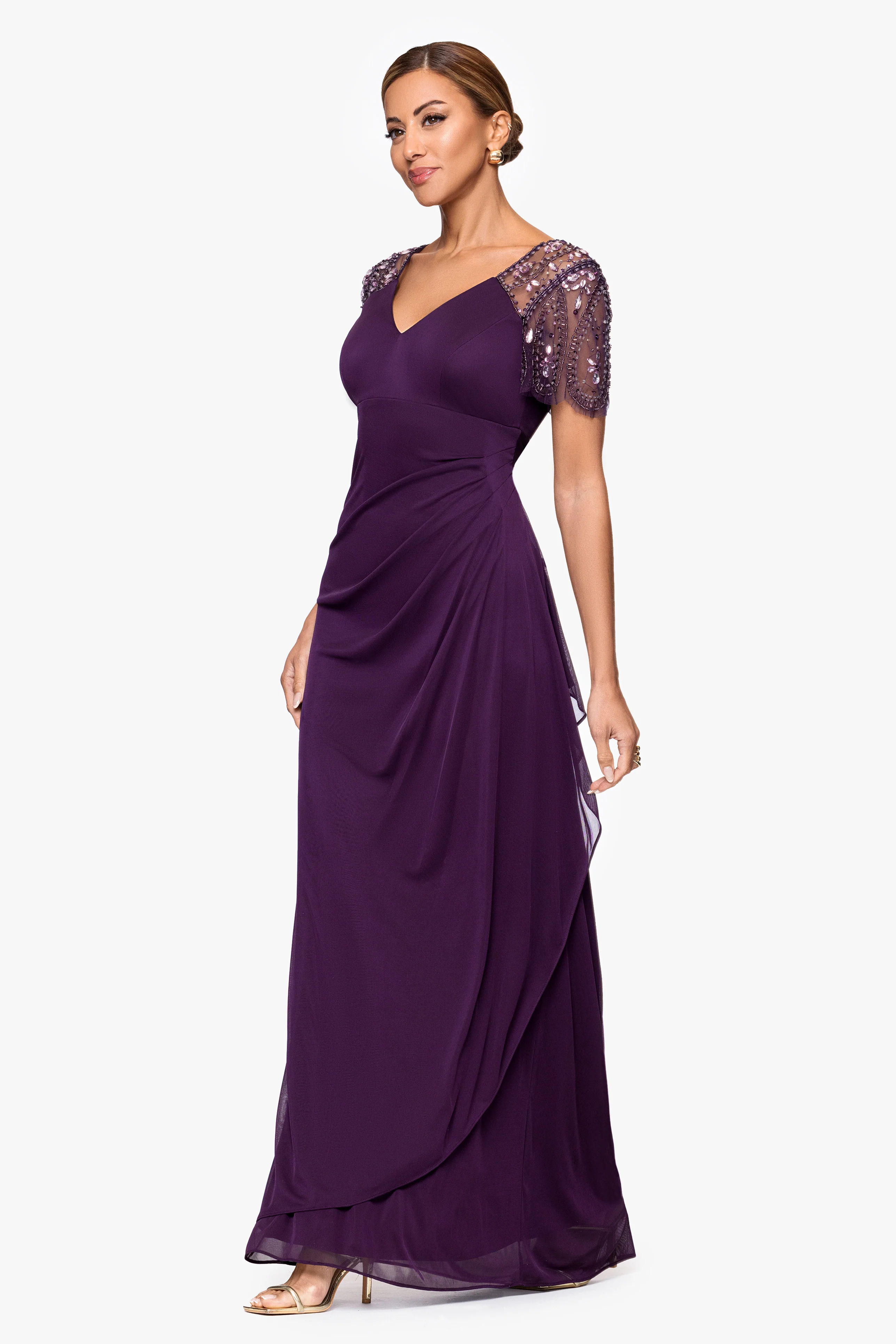 "Lana" Long V-Neck Beaded Flutter Sleeve Dress - Image 9