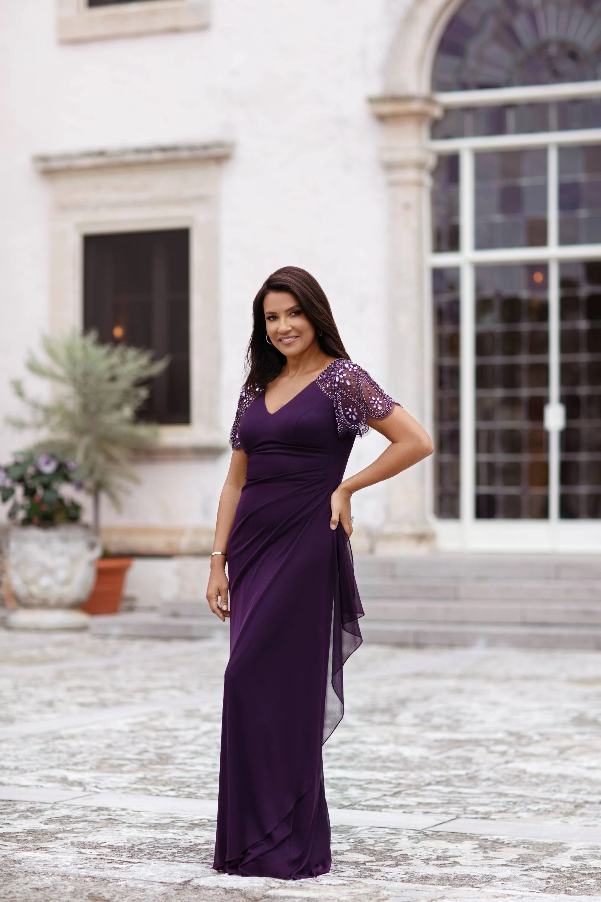 "Lana" Long V-Neck Beaded Flutter Sleeve Dress - Image 6