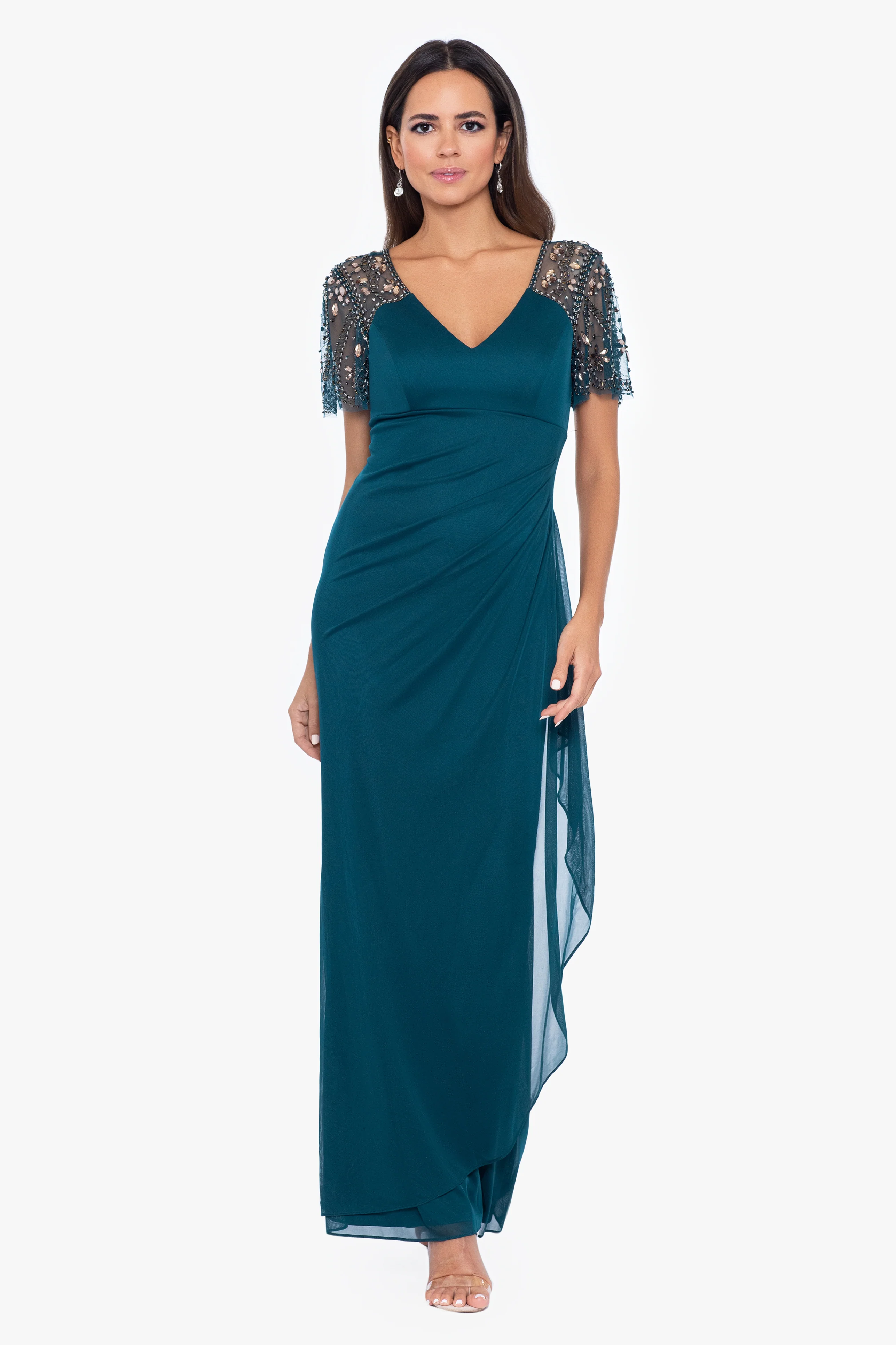 "Lana" Long V-Neck Beaded Flutter Sleeve Dress - Image 8