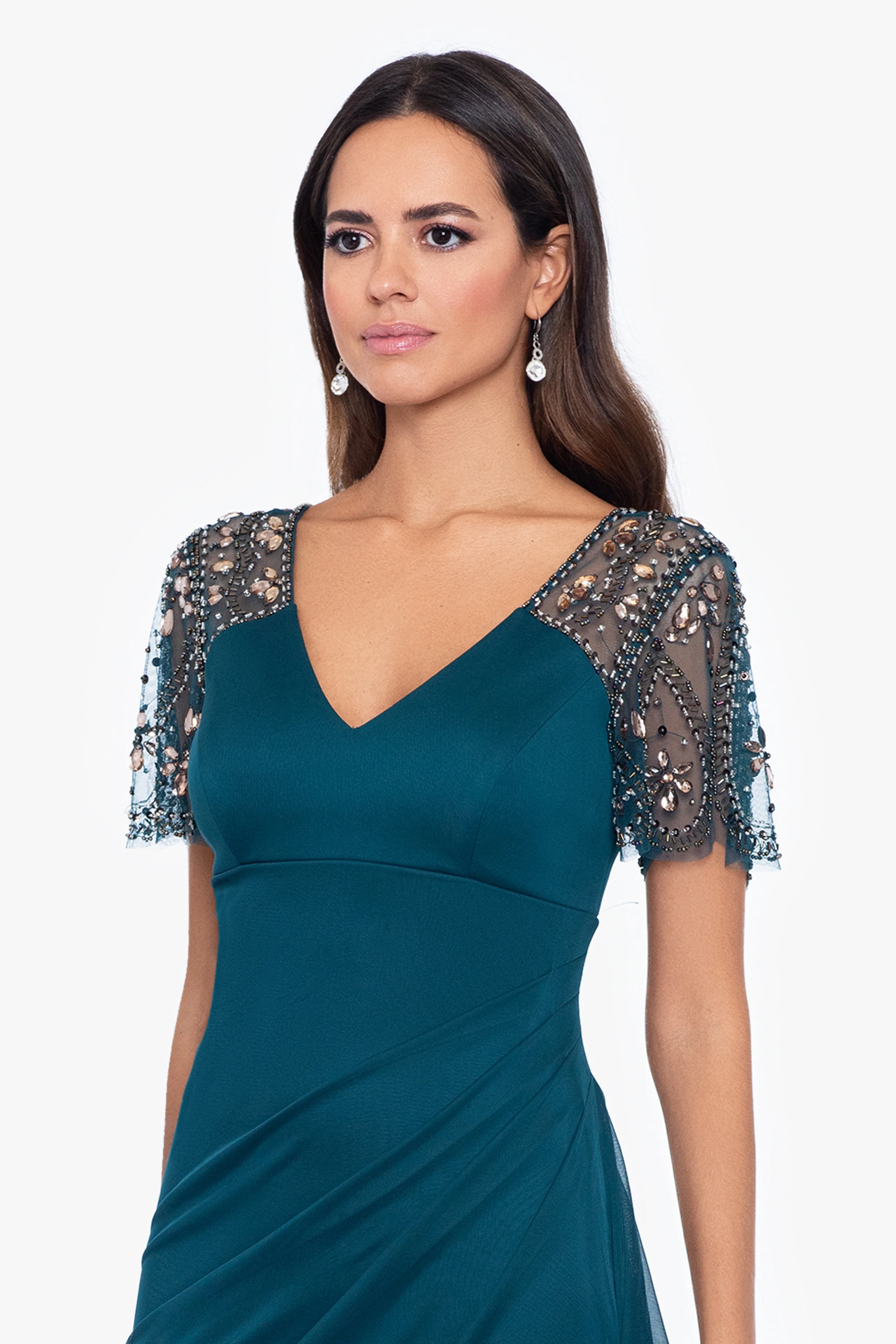 "Lana" Long V-Neck Beaded Flutter Sleeve Dress - Image 9
