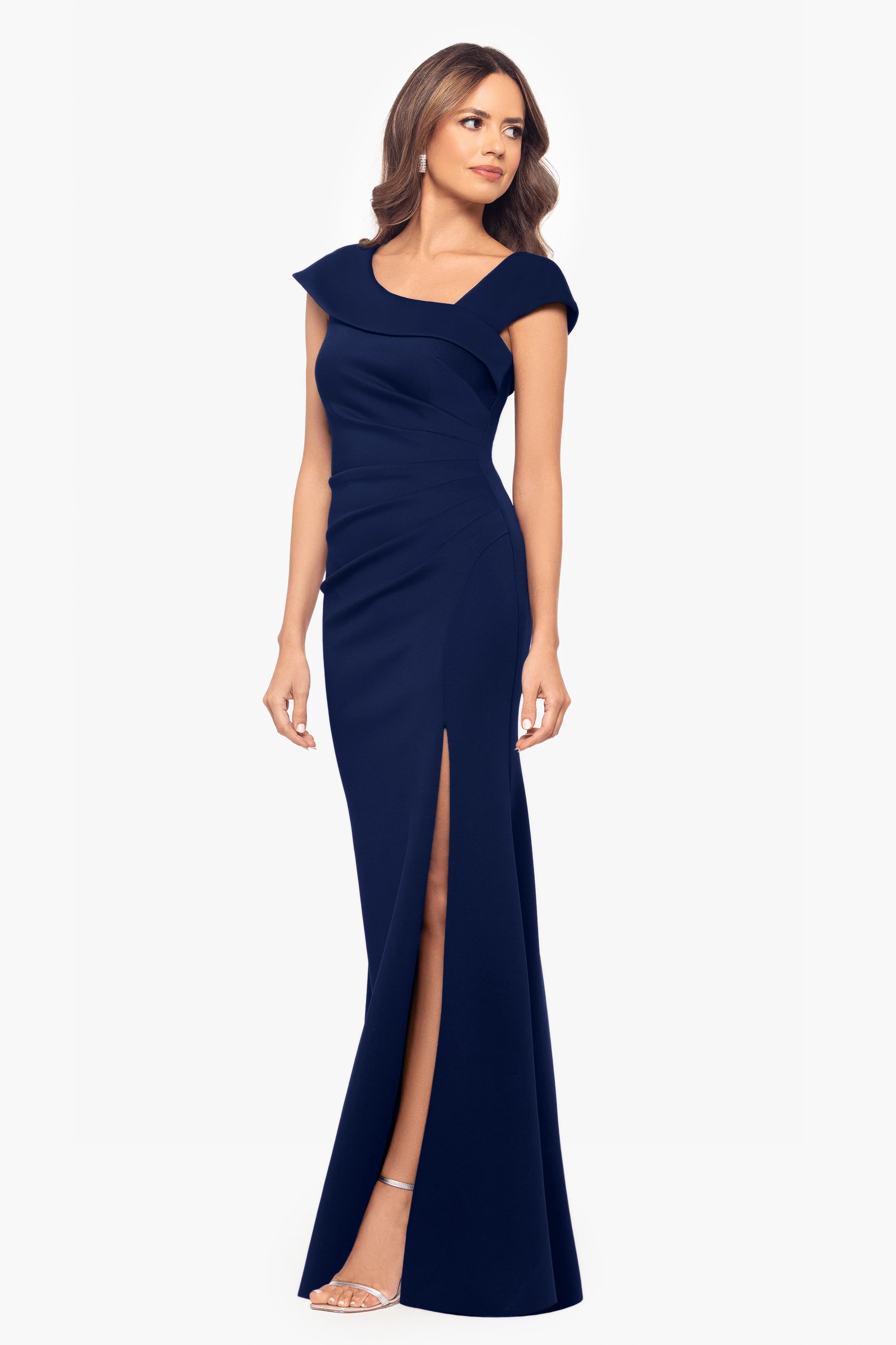 "Lenore " Long Asymmetrical Neckline Techno Scuba Dress - Image 16