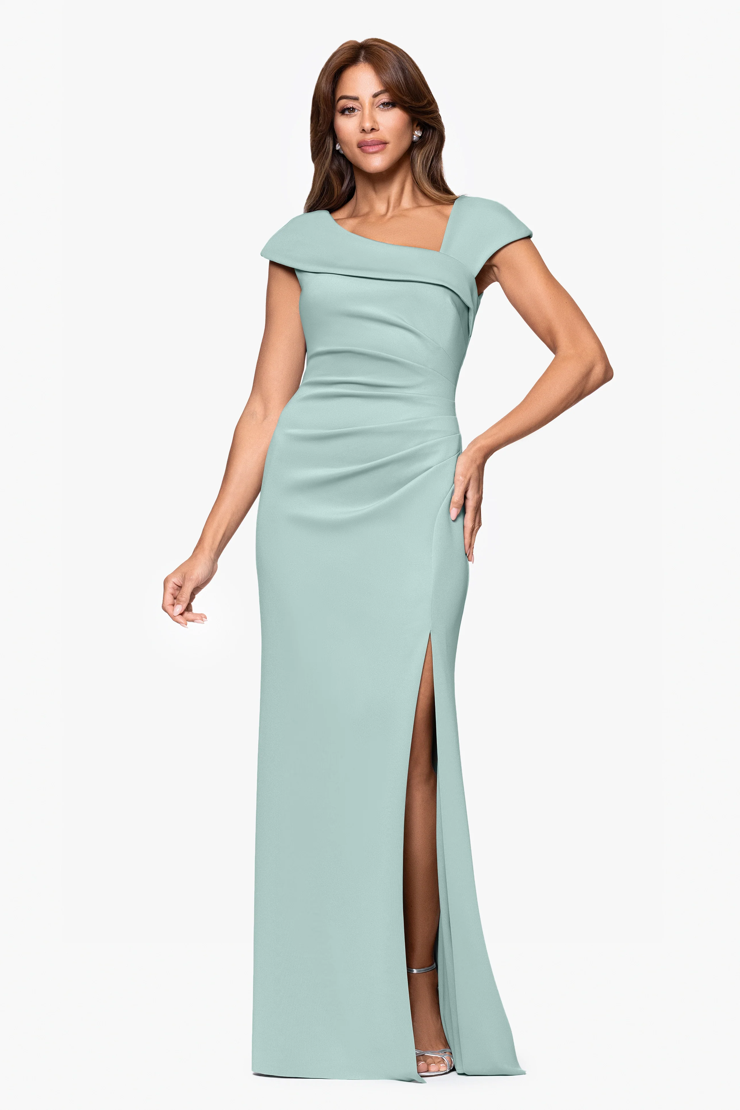 "Lenore " Long Asymmetrical Neckline Techno Scuba Dress - Image 22