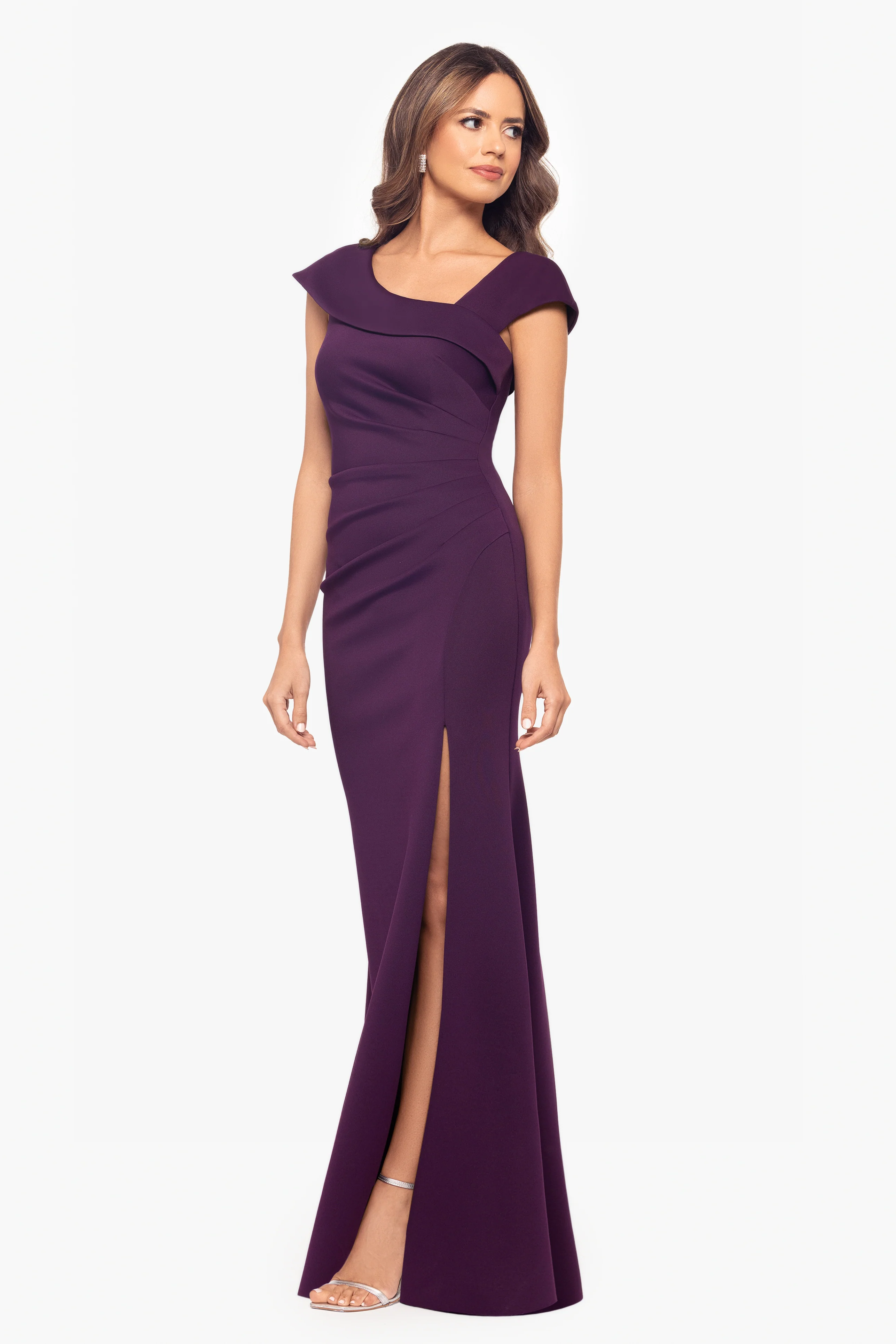 "Lenore " Long Asymmetrical Neckline Techno Scuba Dress - Image 5
