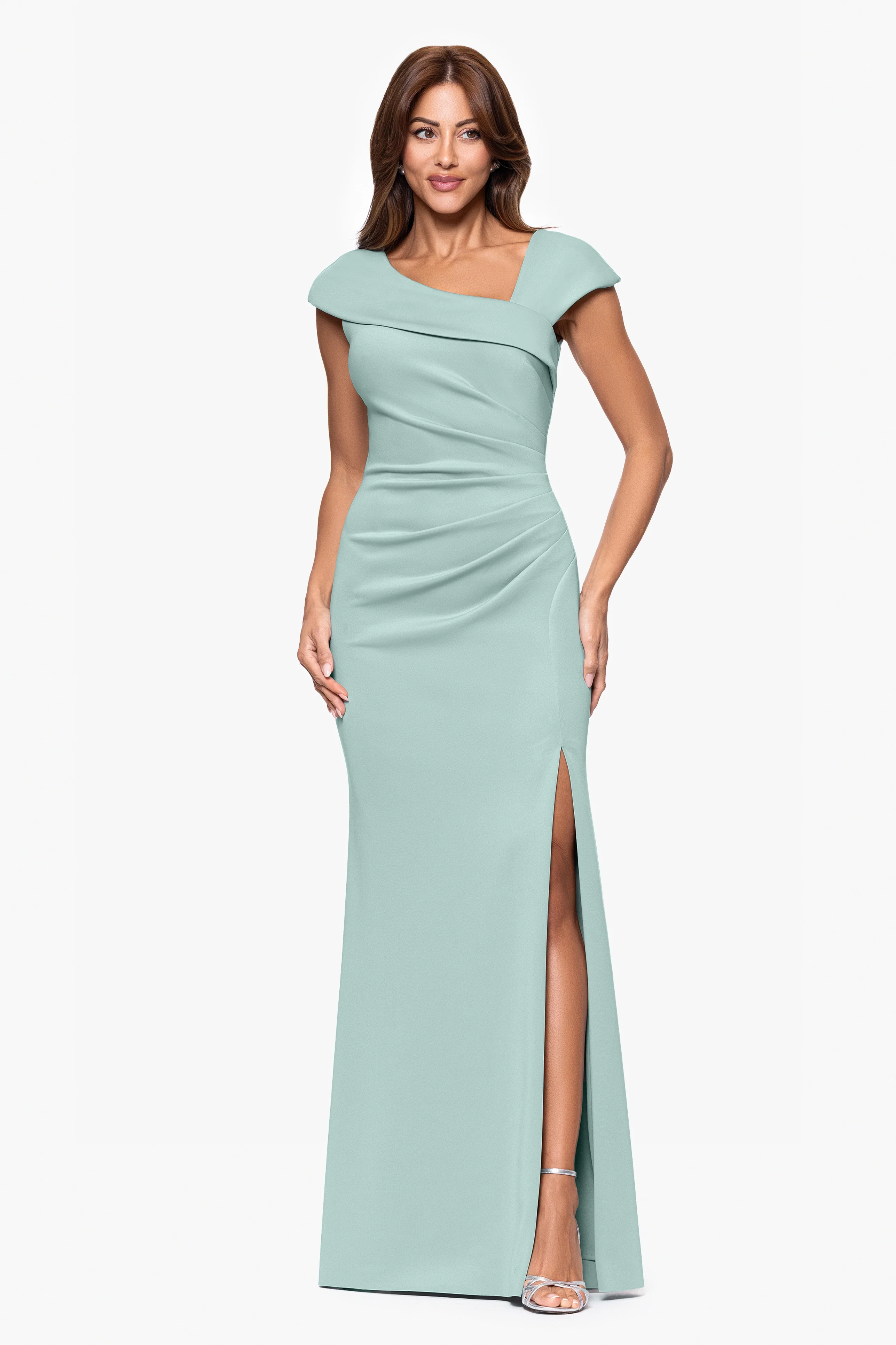 Petite "Lenore " Long Asymmetrical Neckline Techno Scuba Dress - Image 15