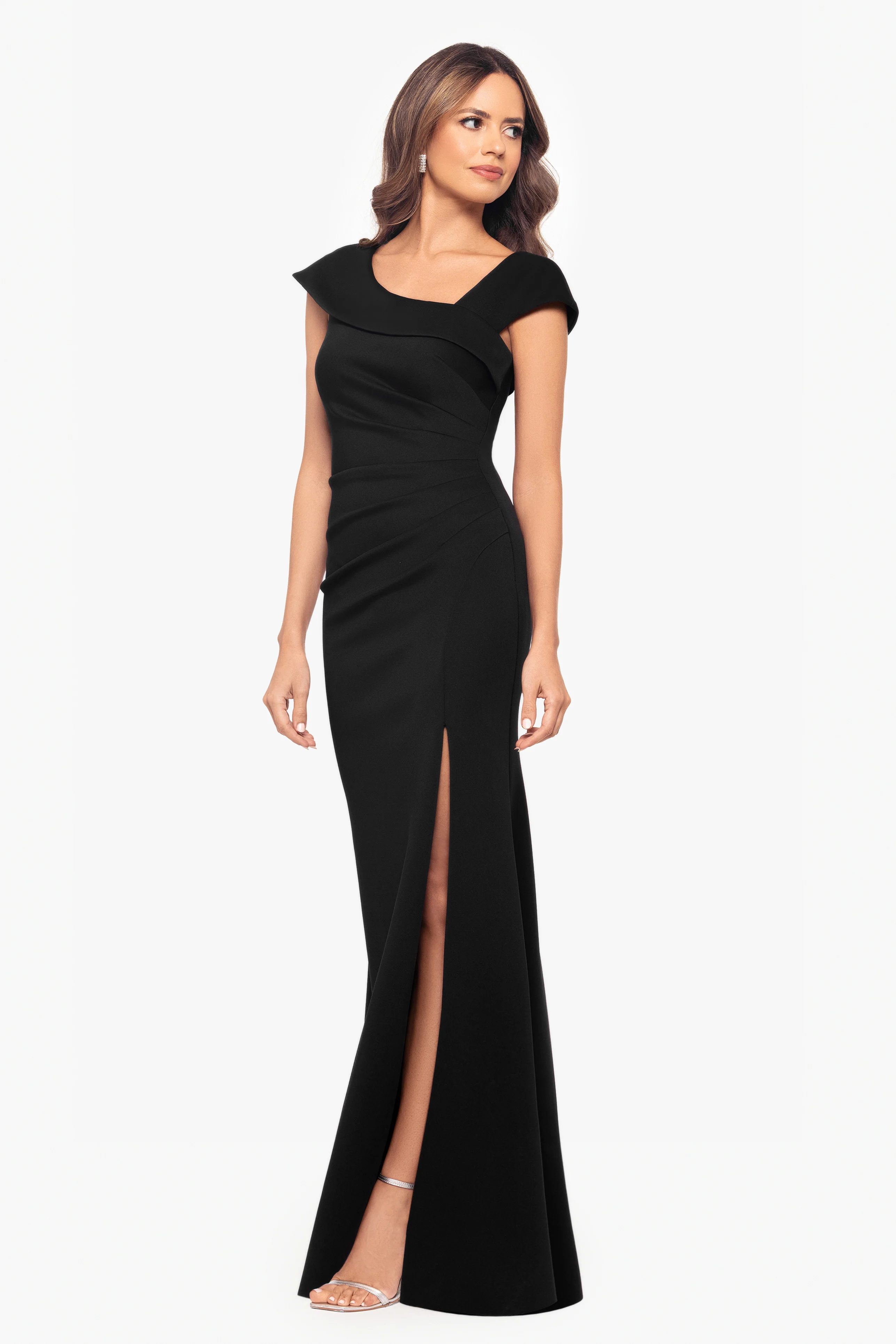 "Lenore " Long Asymmetrical Neckline Techno Scuba Dress - Image 11