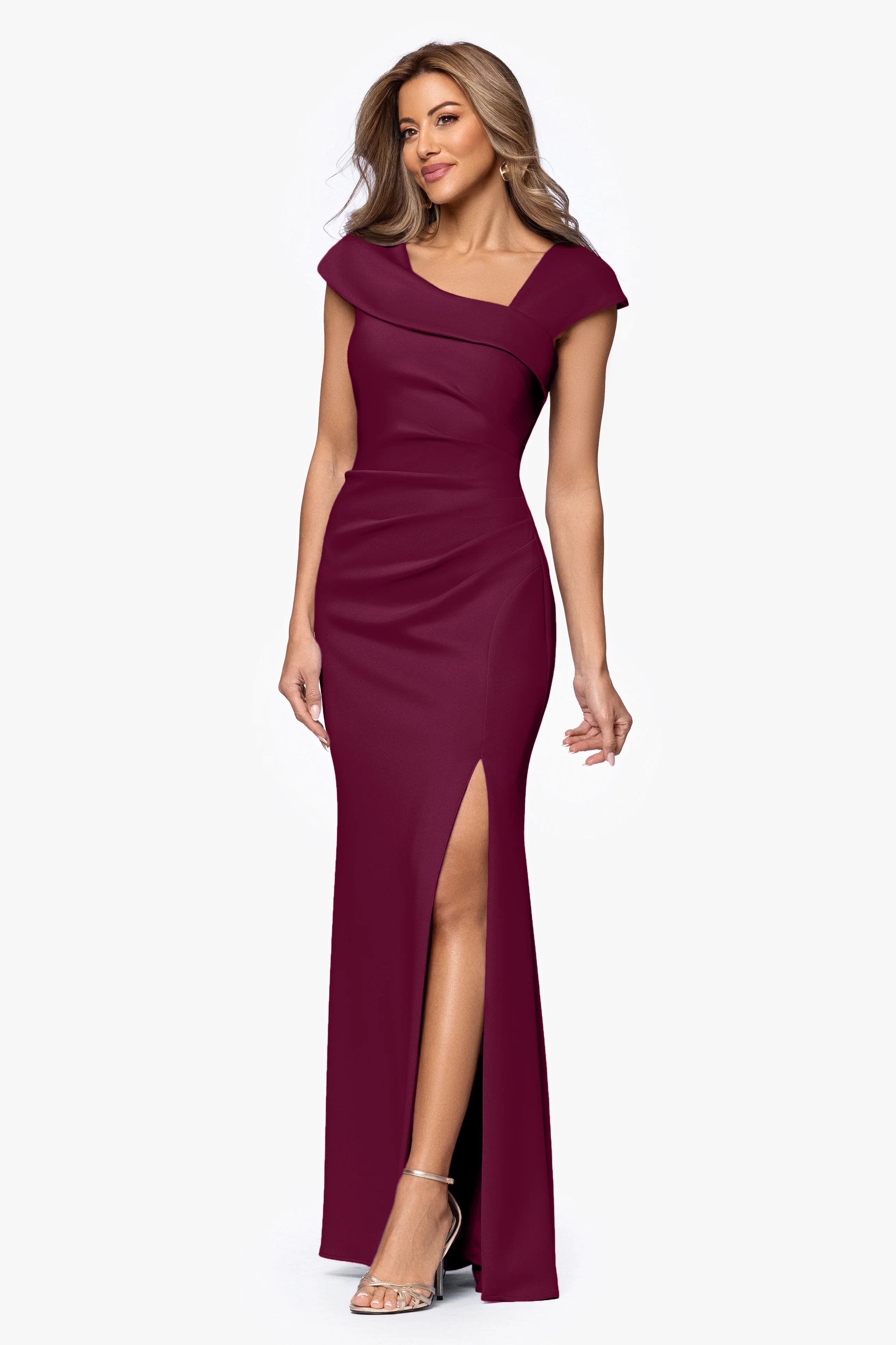 "Lenore " Long Asymmetrical Neckline Techno Scuba Dress - Image 32