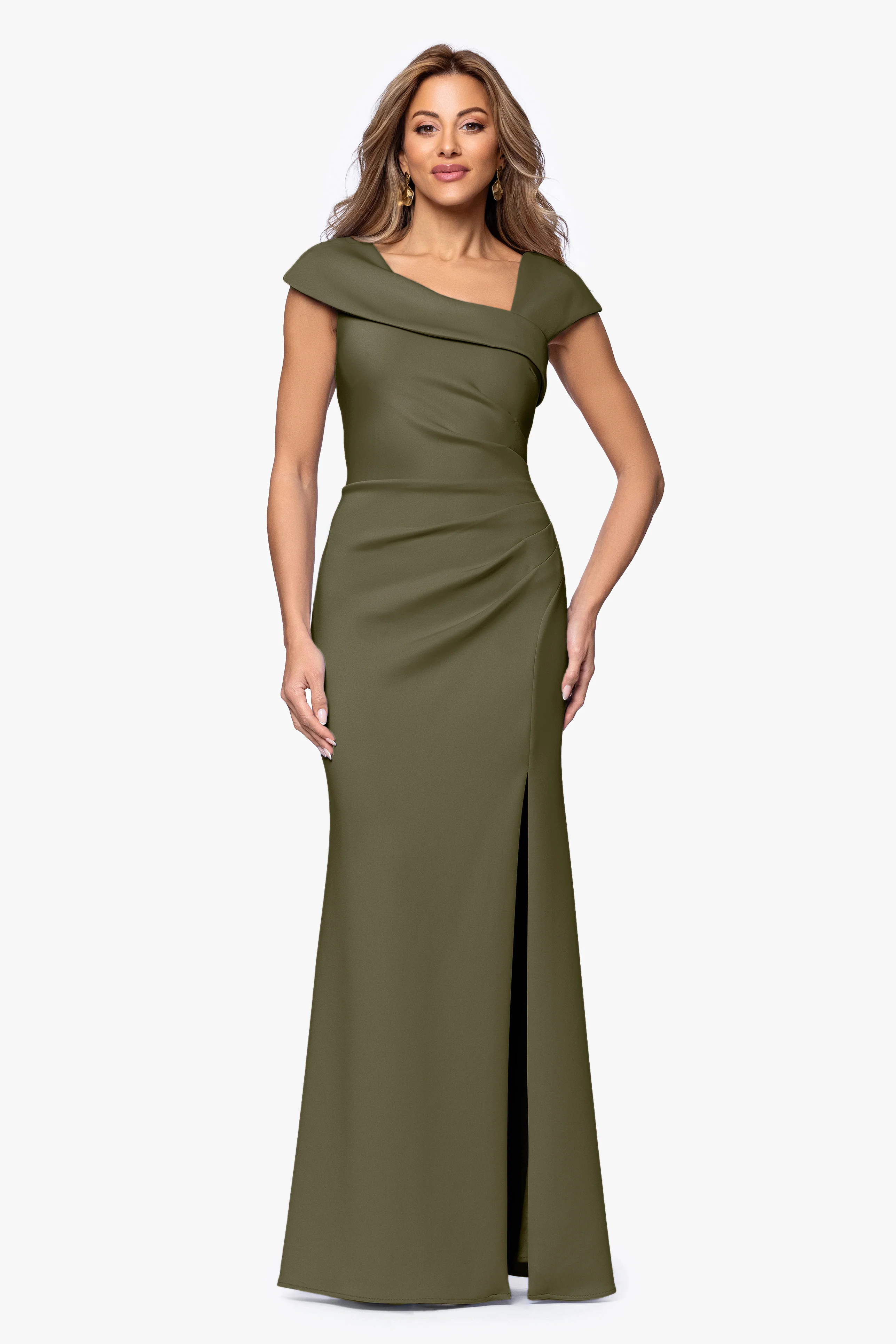 "Lenore " Long Asymmetrical Neckline Techno Scuba Dress - Image 35