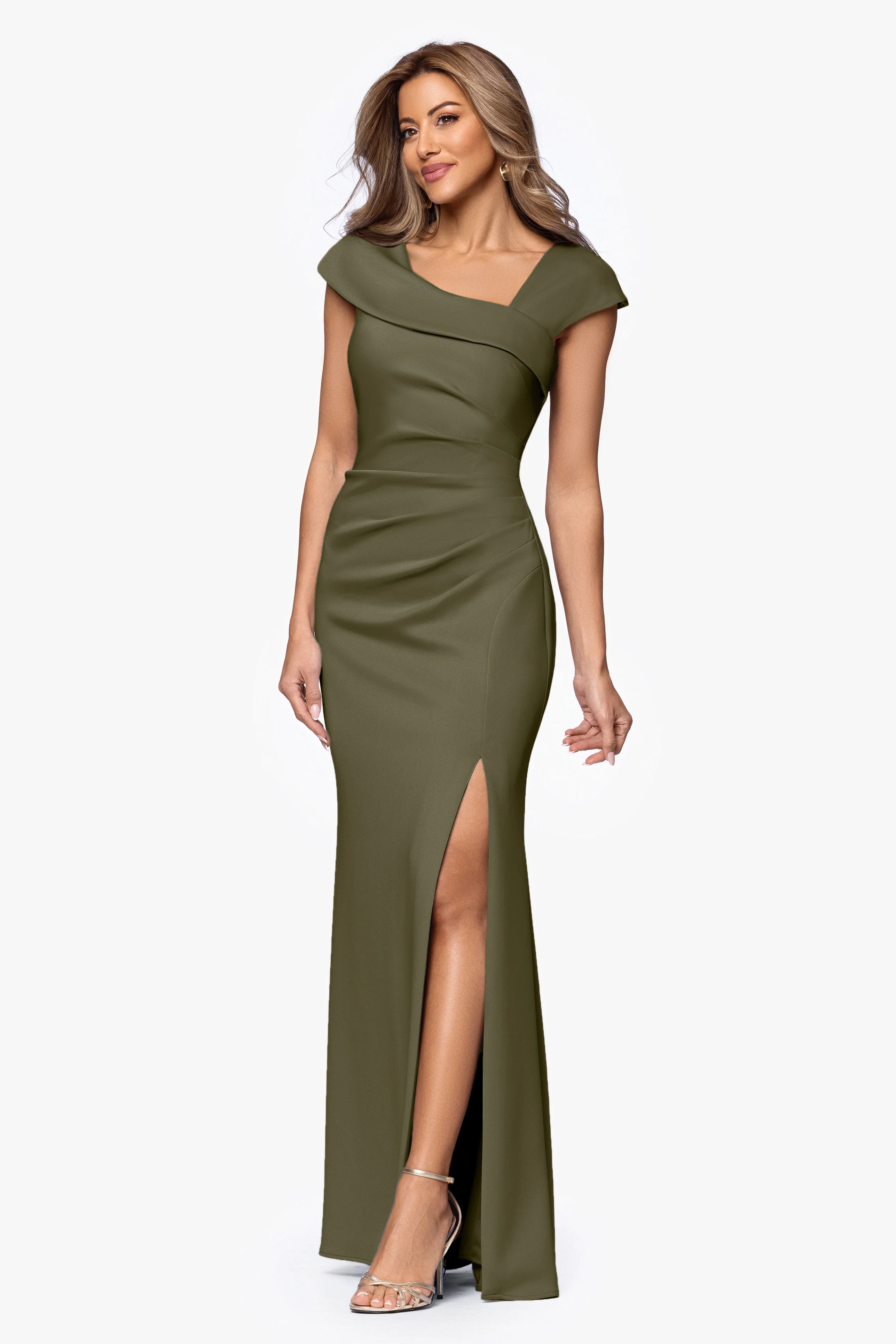 "Lenore " Long Asymmetrical Neckline Techno Scuba Dress - Image 37