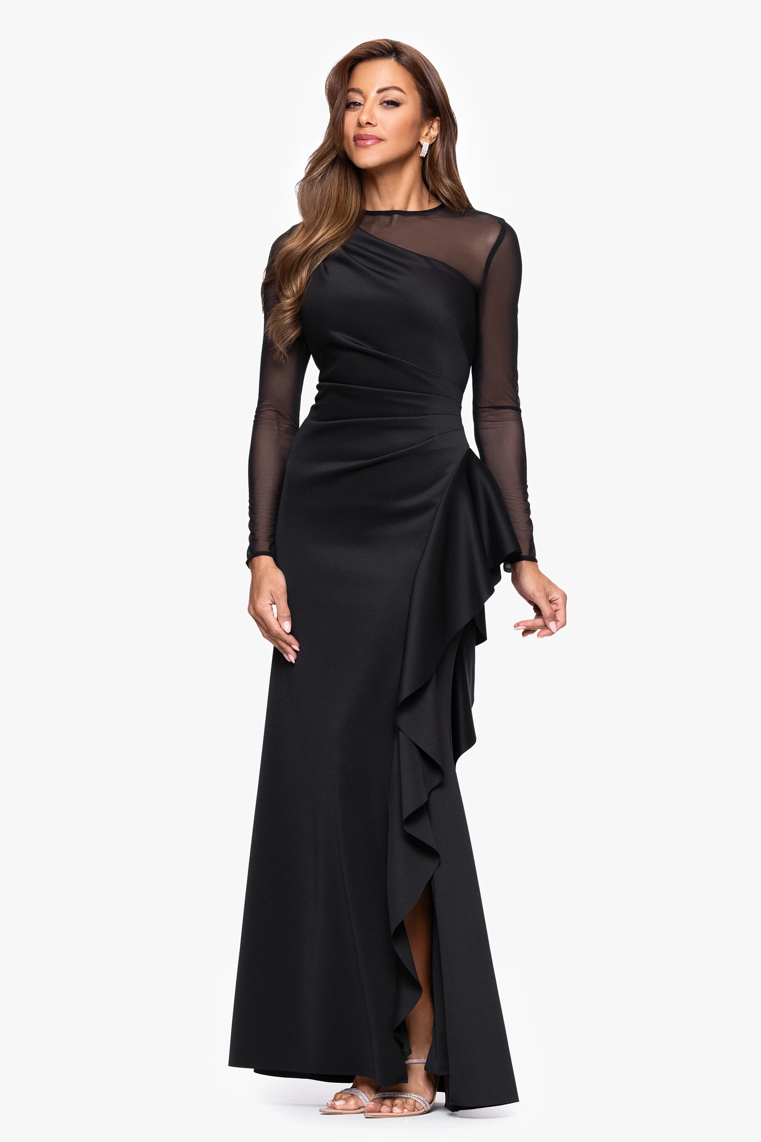 "Lyra" Techno Scuba Mesh Long Sleeve Floor Length Dress - Image 4