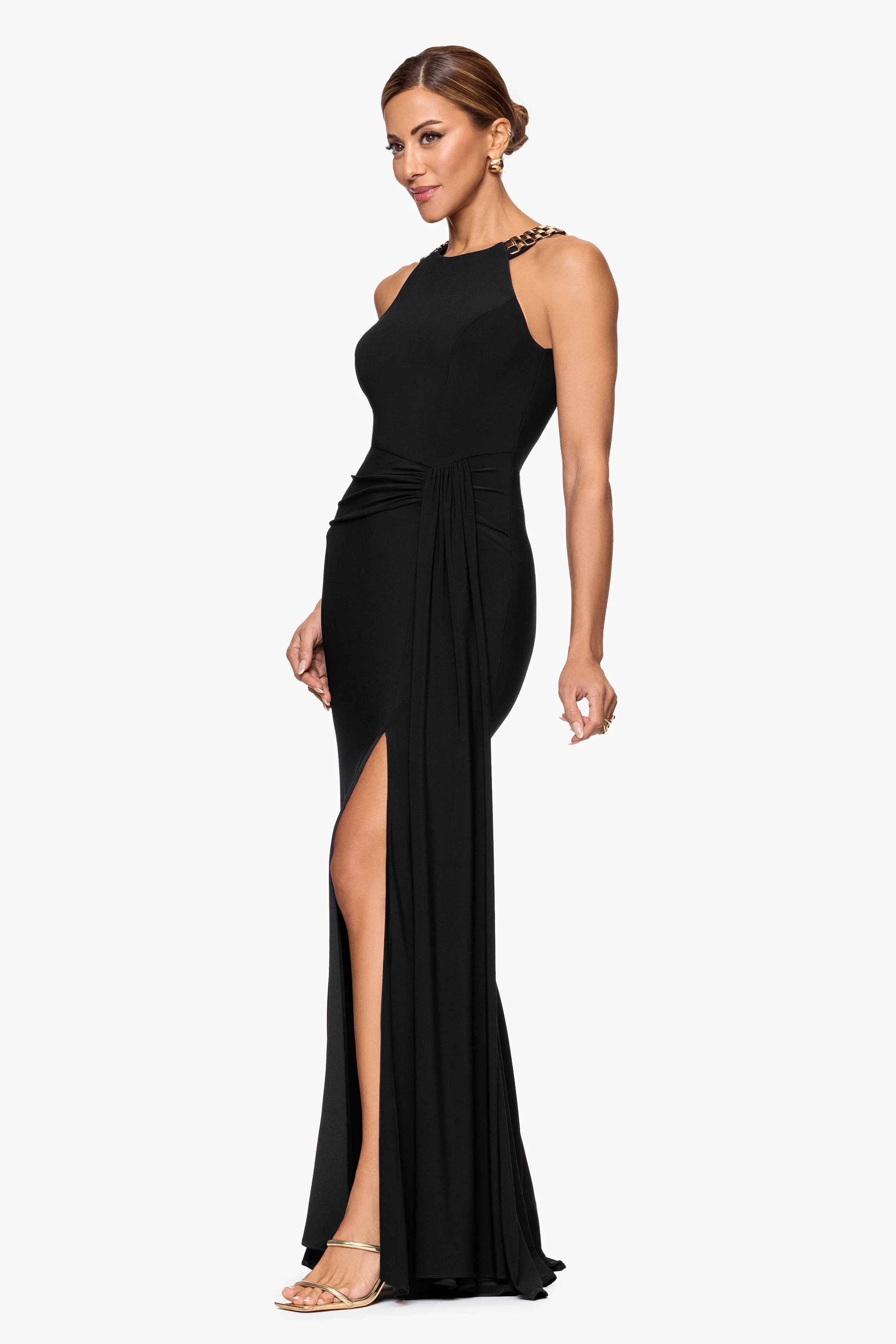 "Malia" Jersey Knit Chain Embellished Floor Length Dress - Image 4