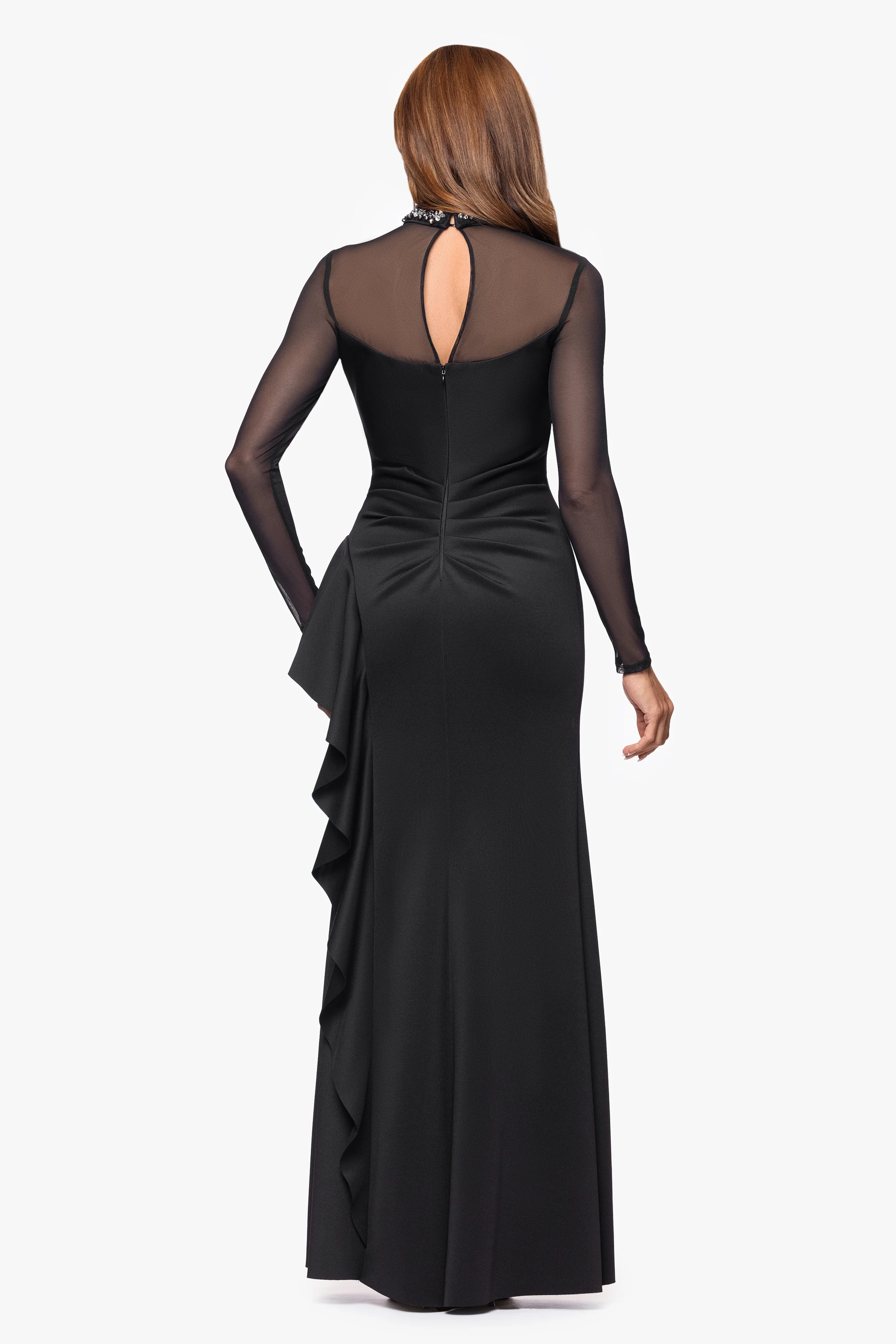 "Maxina" Techno Scuba Embellished Mock Neck and Mesh Long Sleeves Floor Length Dress - Image 3