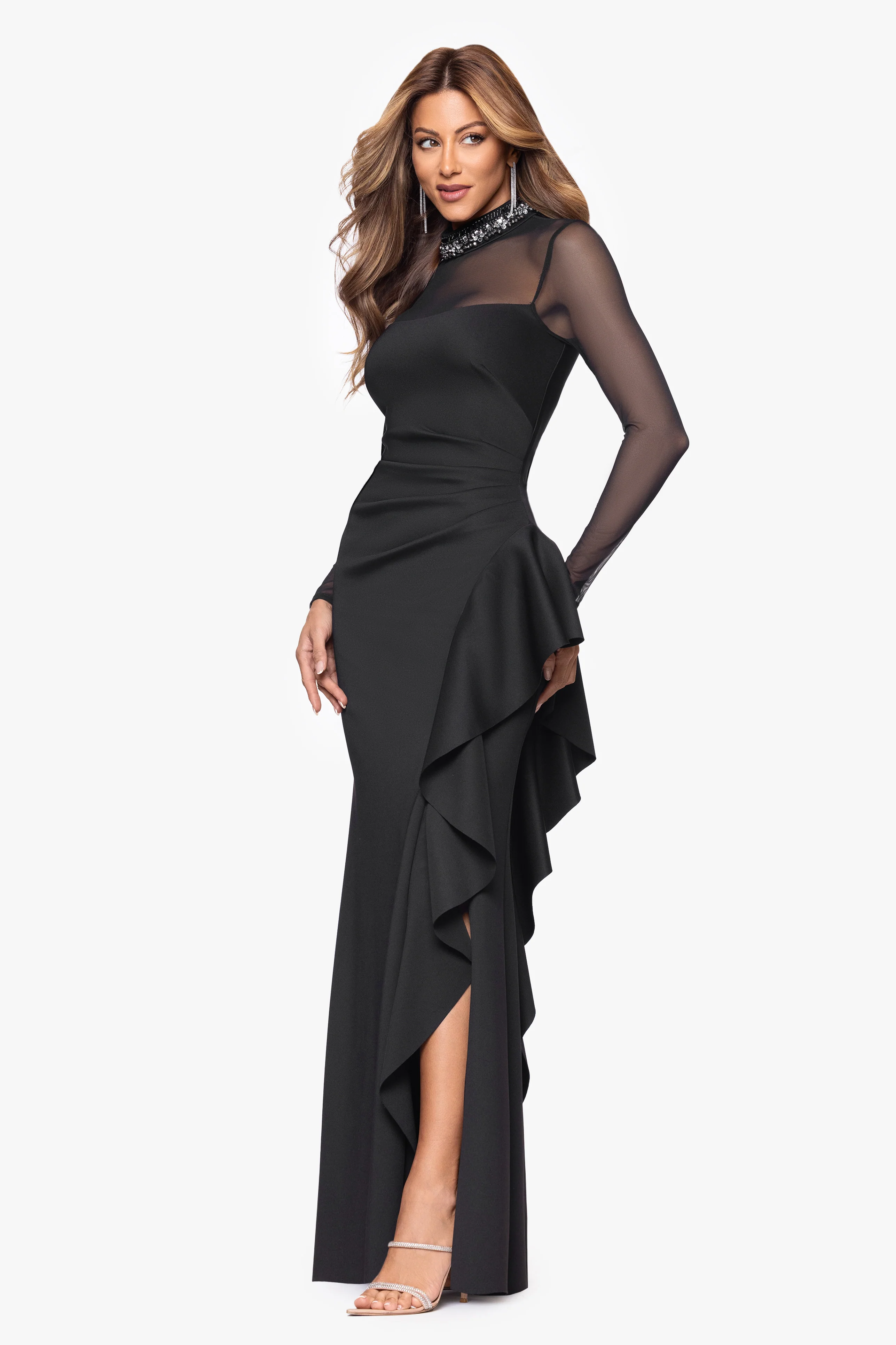"Maxina" Techno Scuba Embellished Mock Neck and Mesh Long Sleeves Floor Length Dress - Image 4