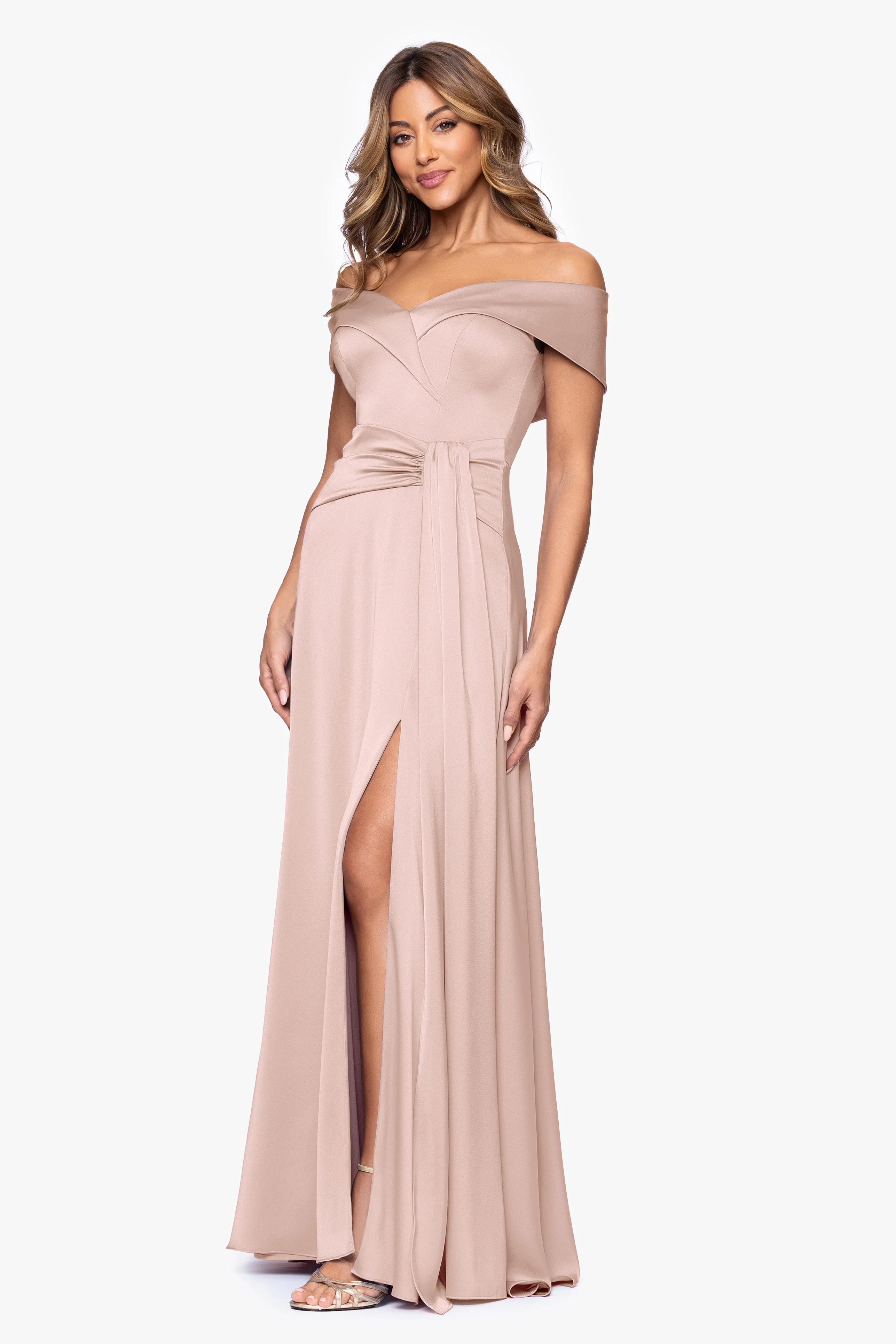 "May" Satin Draped Off the Shoulder Floor Length Dress - Image 4