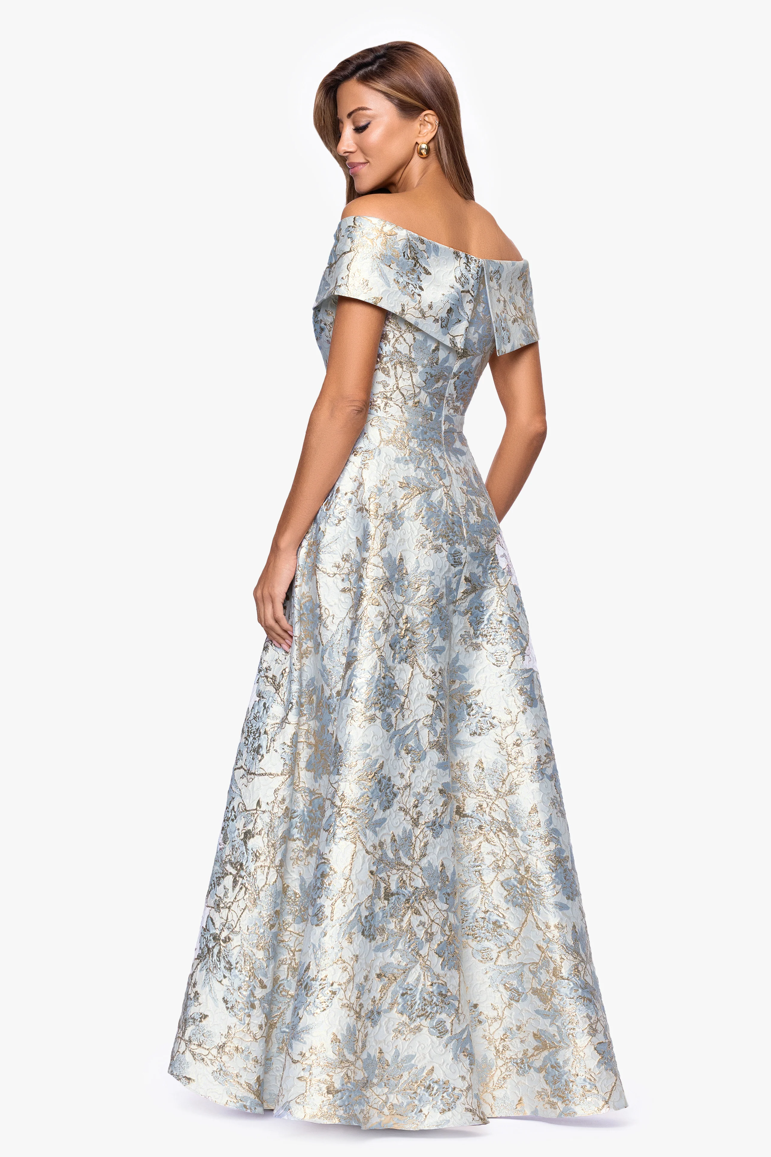 "Melissa" Brocade Off the Shoulder V-Neck Ballgown - Image 3