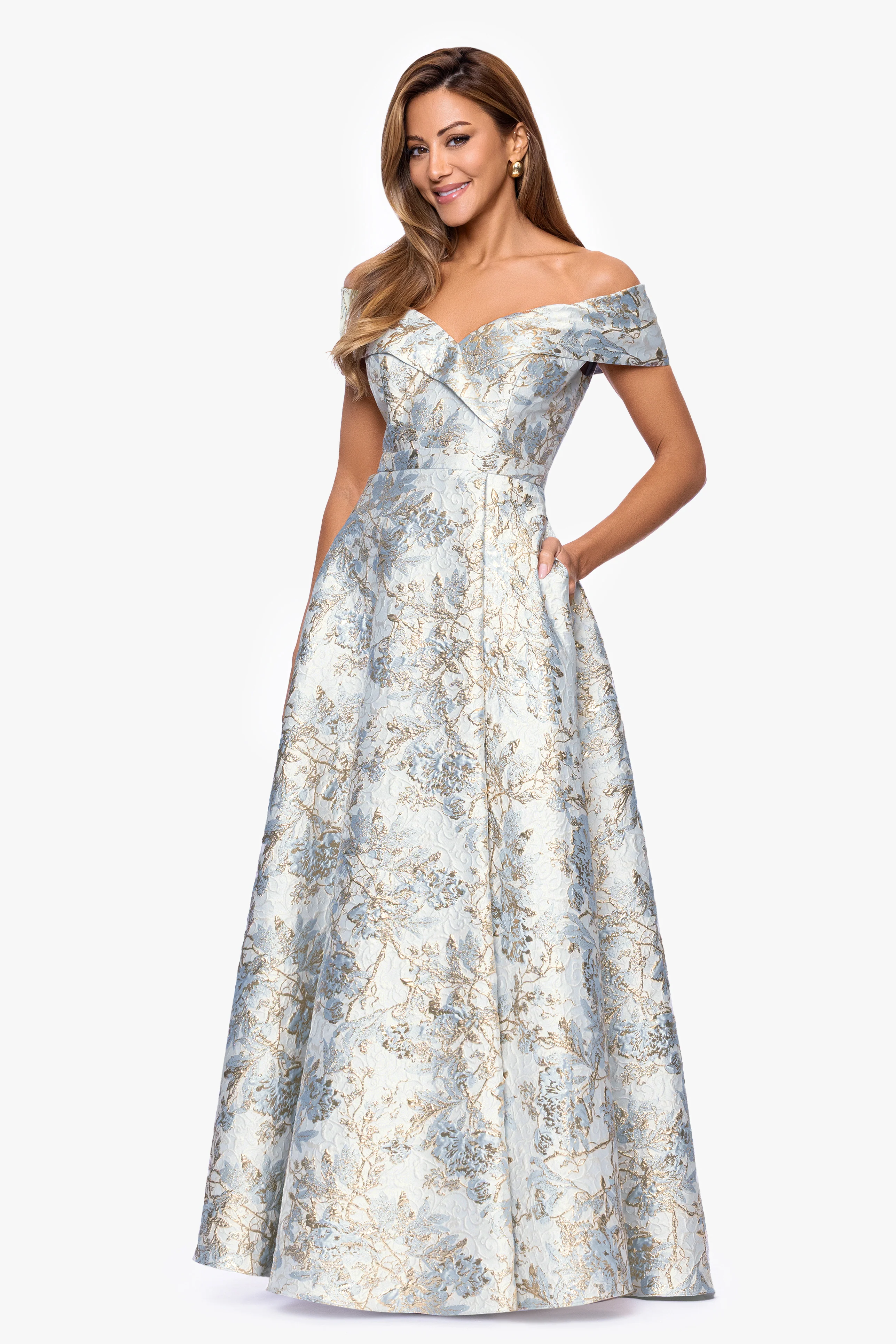 "Melissa" Brocade Off the Shoulder V-Neck Ballgown - Image 4