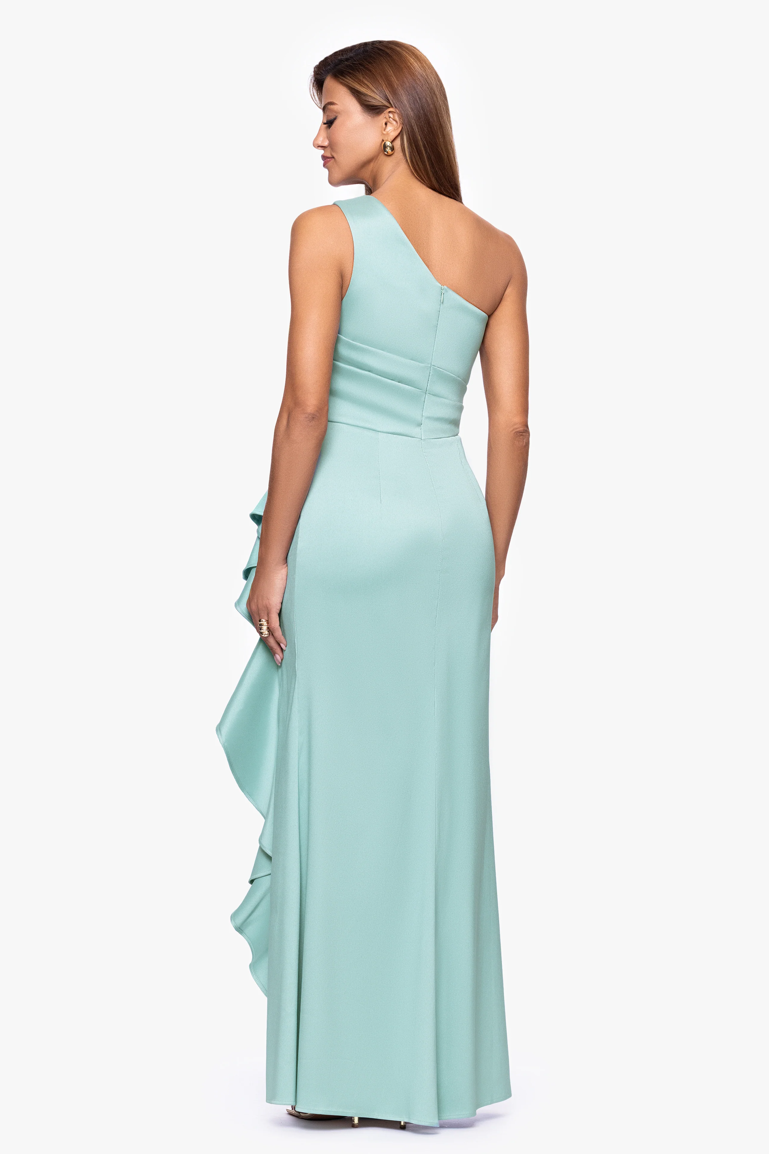"Nikki" Mikado One Shoulder Ruffle Floor Length Dress - Image 3
