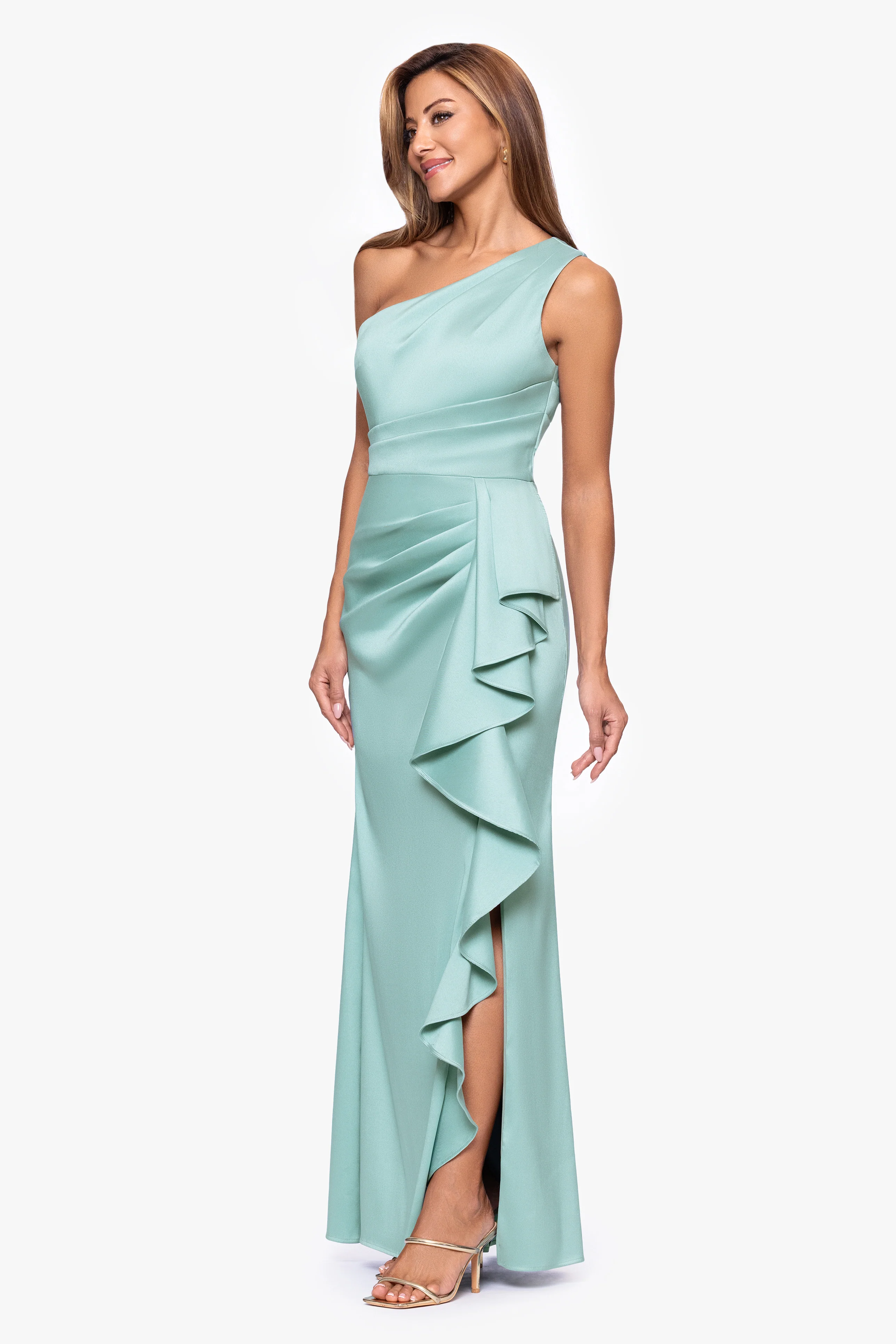 "Nikki" Mikado One Shoulder Ruffle Floor Length Dress - Image 4