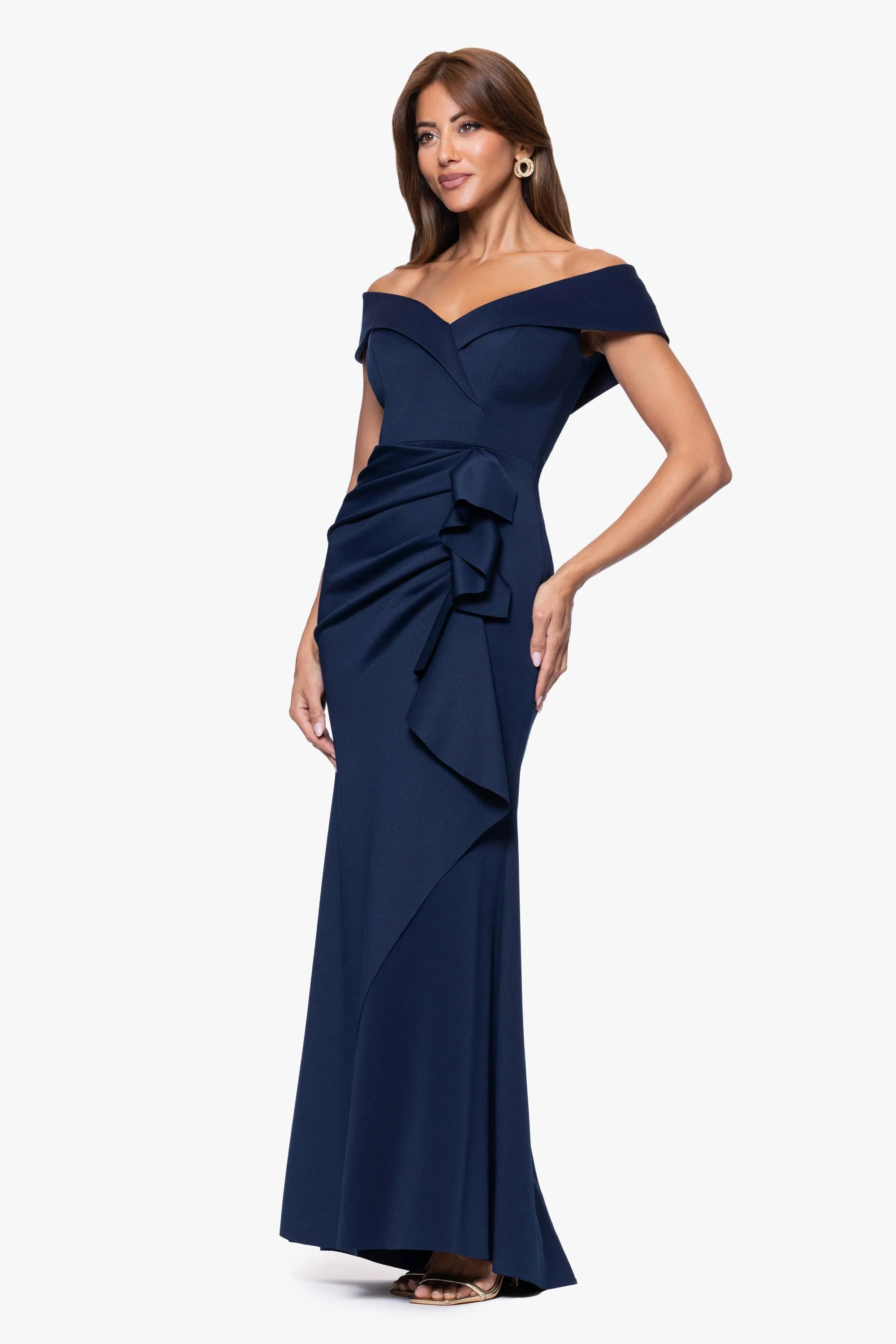 "Patti" Long Off the Shoulder Techno Scuba Dress - Image 4