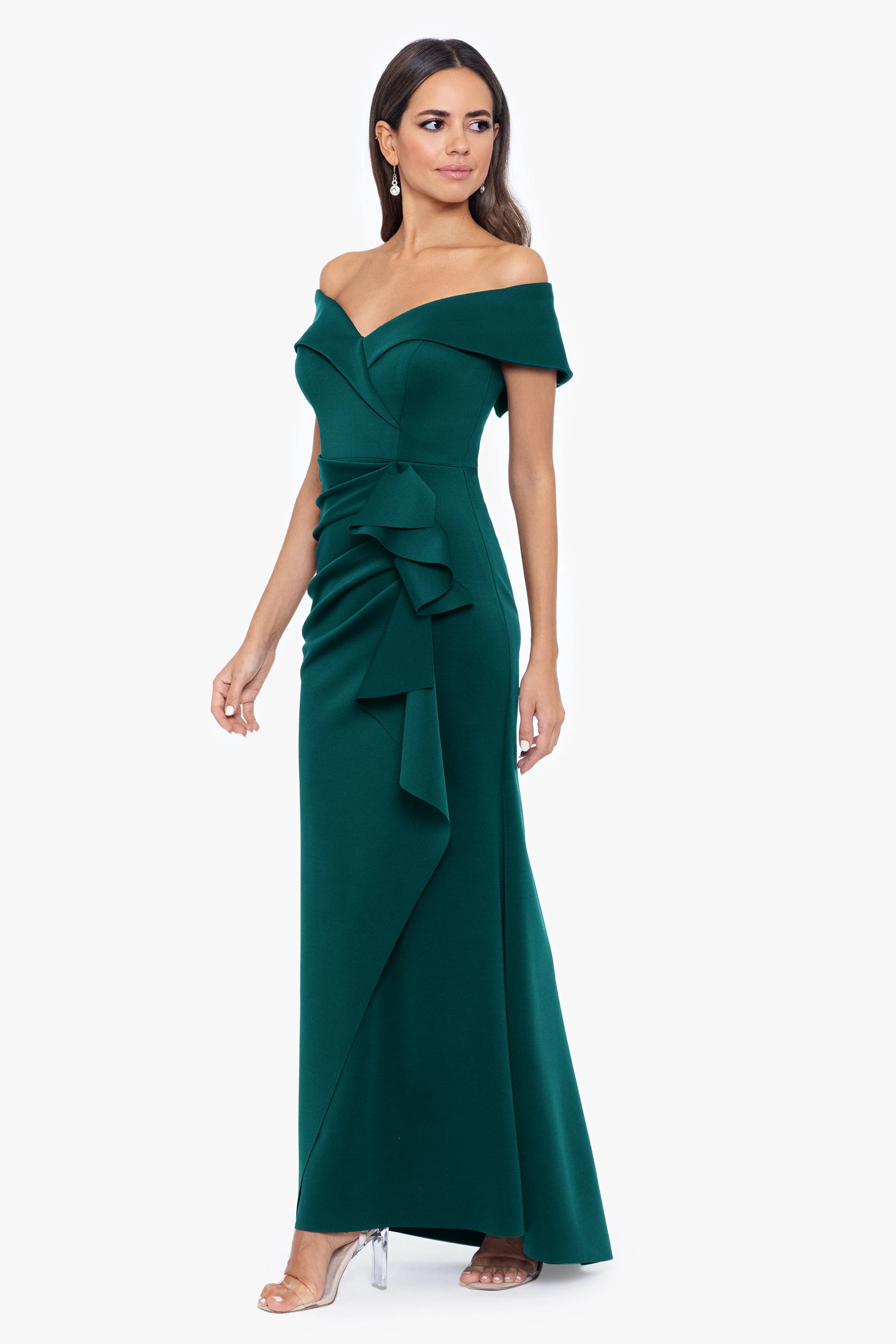 "Patti" Long Off the Shoulder Techno Scuba Dress - Image 4